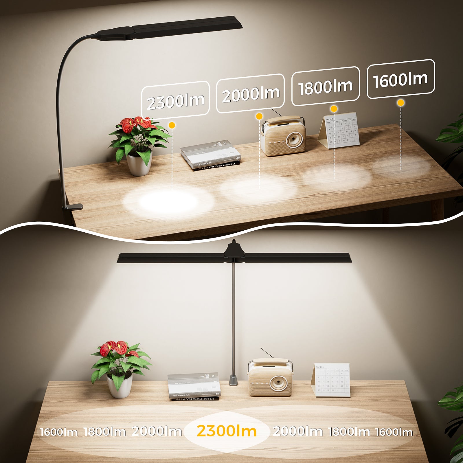Dual-Head Eye-Caring Desk Lamp, No Blue Light, USB Powered, Dimmable LED Clamp Light for Reading, Study & Office, Soft Light That Won’t Hurt Eyes