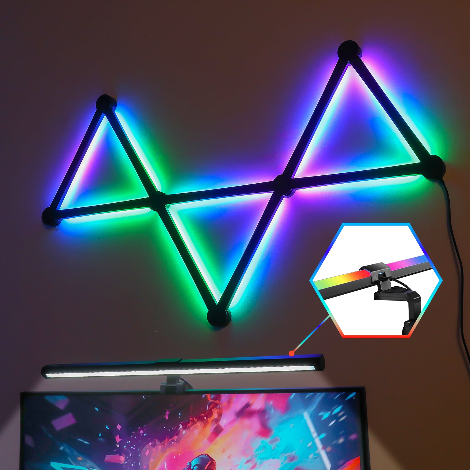 Smart RGB Gaming Light Combo – 9 LinesGlide Wall Light Bars + Eye-Caring Desk Lamp, RGBIC LED Sync Lights for Bedroom, Gaming Setup, Workstation