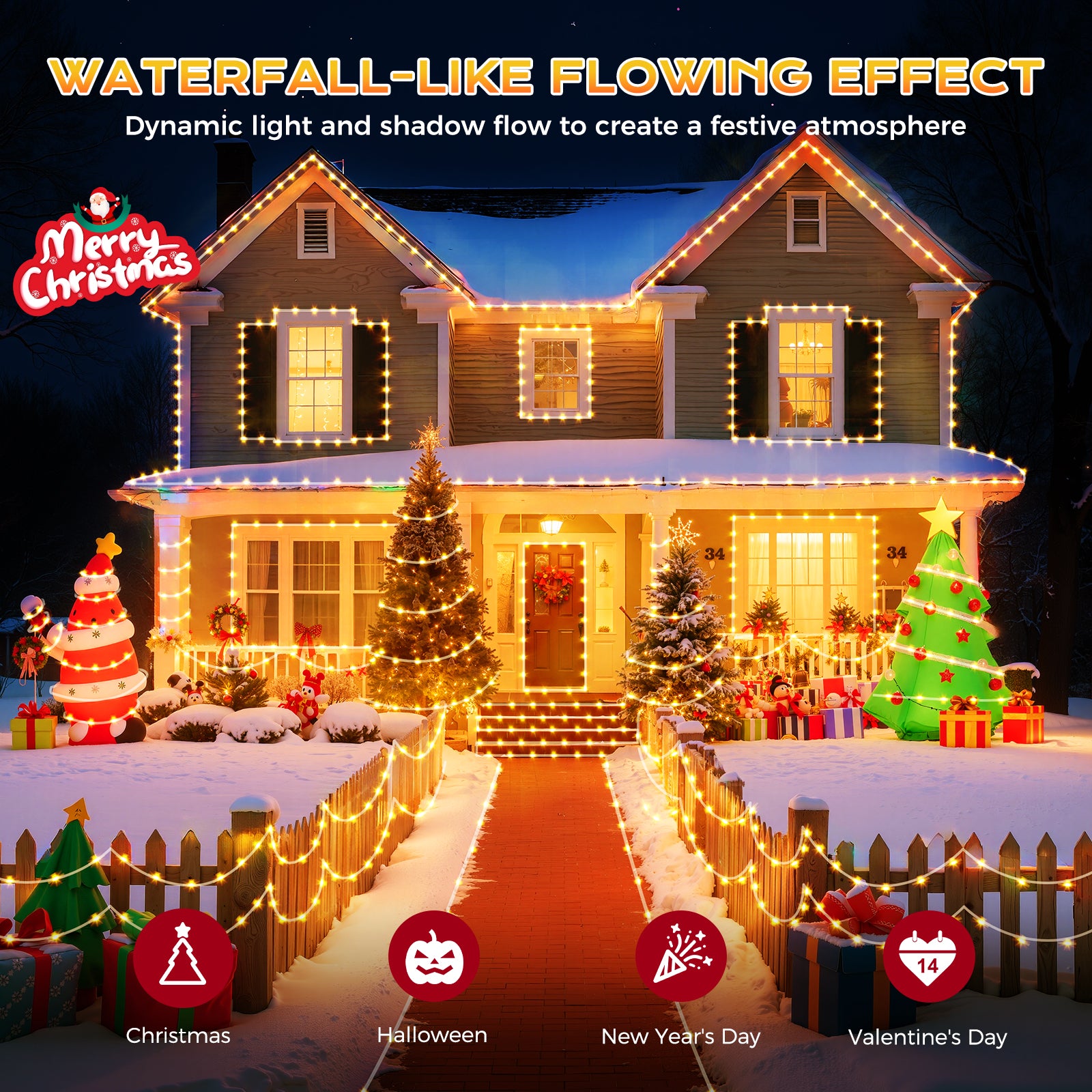 Quntis Christmas Chasing Rope Lights, 20M/65ft 400 LEDs Warm White Rope Lights, IP65 Waterproof LED Tube Light with 9 Modes, Mains Powered Christmas Lights for Xmas Tree, Garden & Outdoor Décor