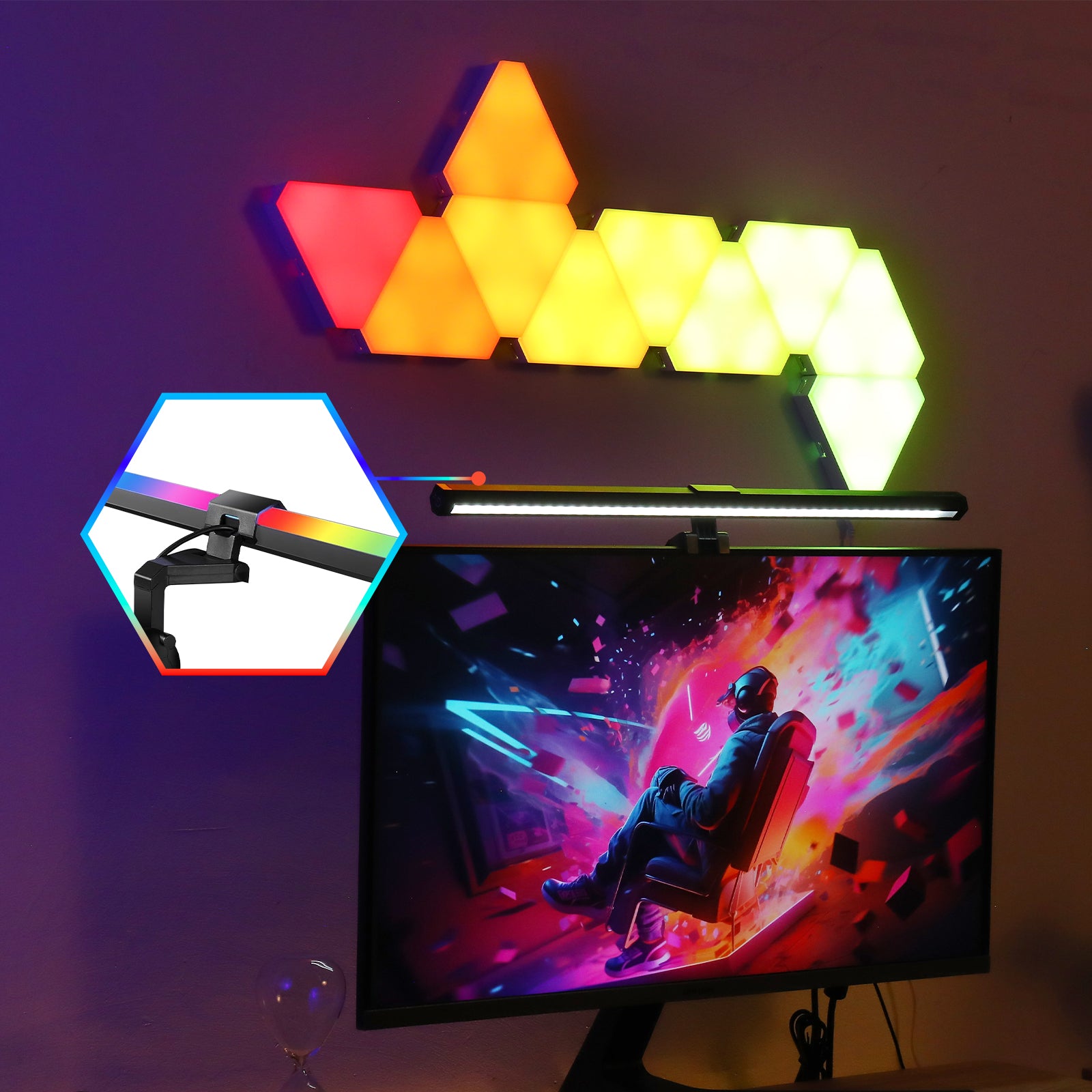 Gaming Light Set – Triangle RGBIC LED Panels + Eye-Caring Monitor Lamp, Sync with Music, App/Remote Control, Ideal for Gaming Room & Workstation