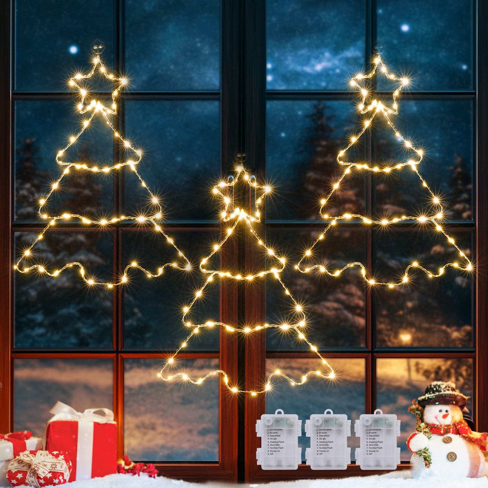 Quntis 3 Pcs Christmas Tree Window Lights – Warm White Hanging LED Fairy Lights, Tree-Shaped Window Decor with 8 Modes, Battery Powered, IP44 Waterproof for Indoor Outdoor Holiday & Home Decoration