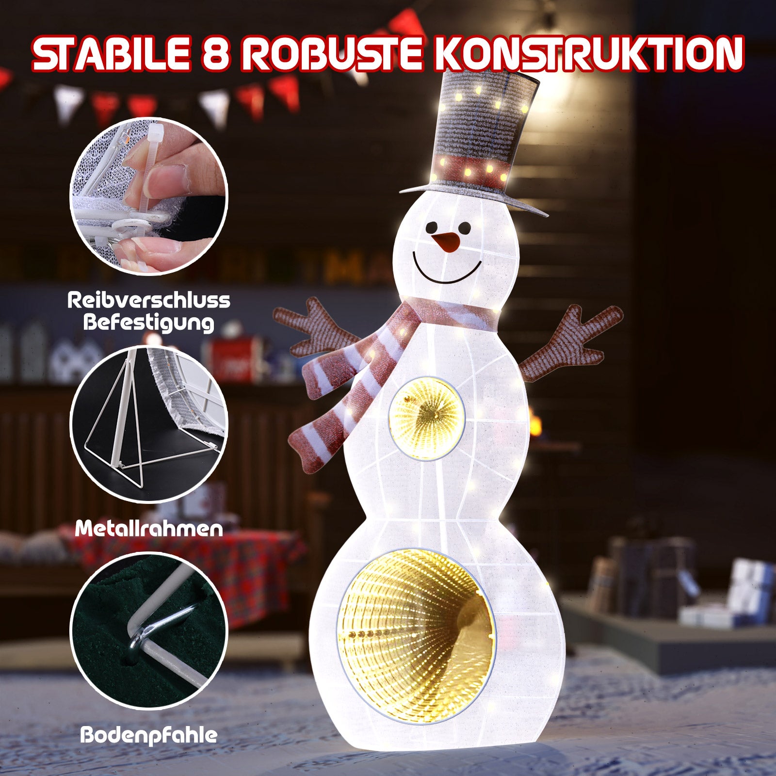 Quntis Bonhomme de neige lumineux de 3 pieds, 53 LED avec miroir infini, décoration de jardin de Noël 3D pailletée pour affichage de vacances en intérieur et en extérieur