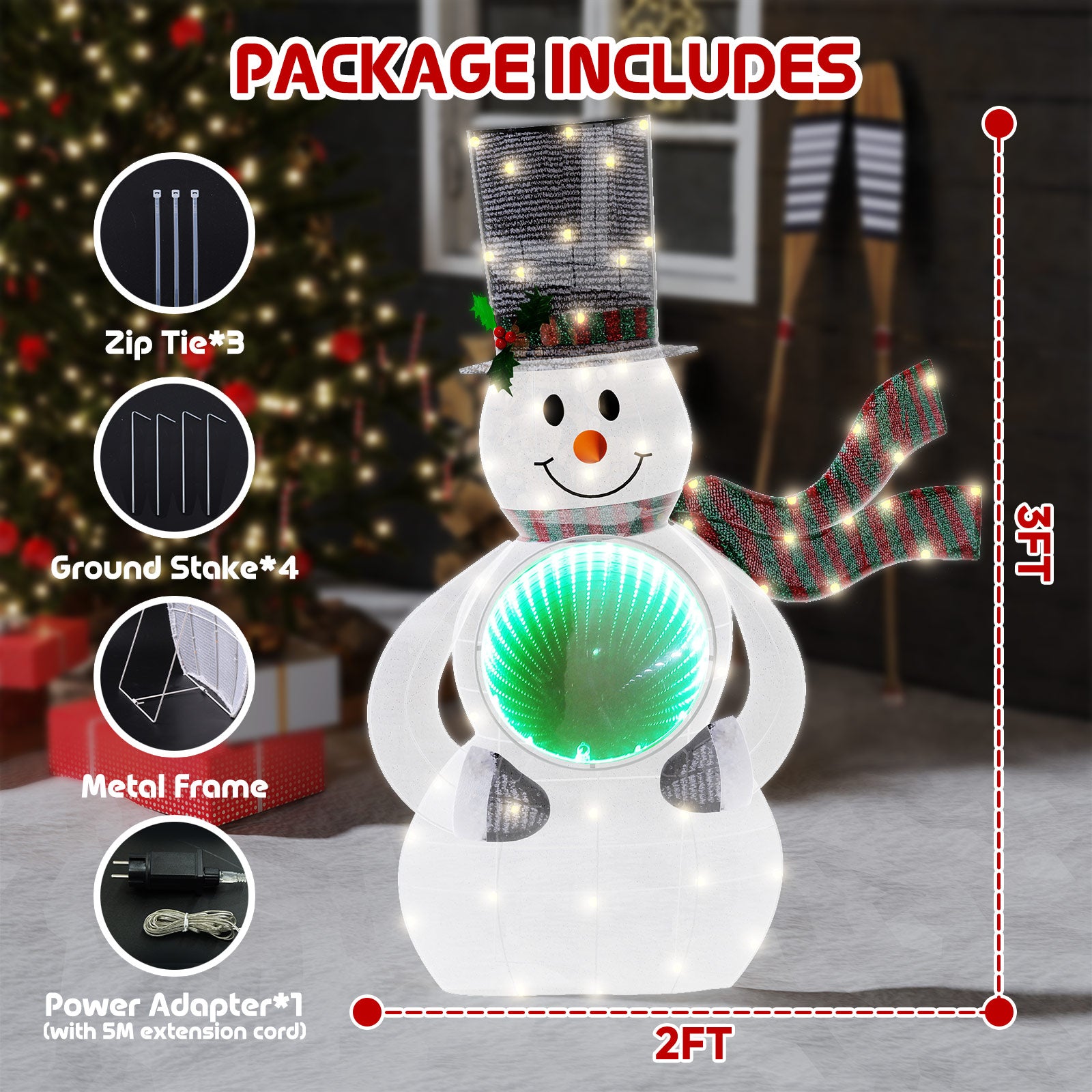 Quntis 3FT Light Up Snowman Christmas Decorations with 3D Infinity Mirror Tunnel, 56 LED Lights for Outdoor Indoor Yard, Lawn, Porch Holiday Decor