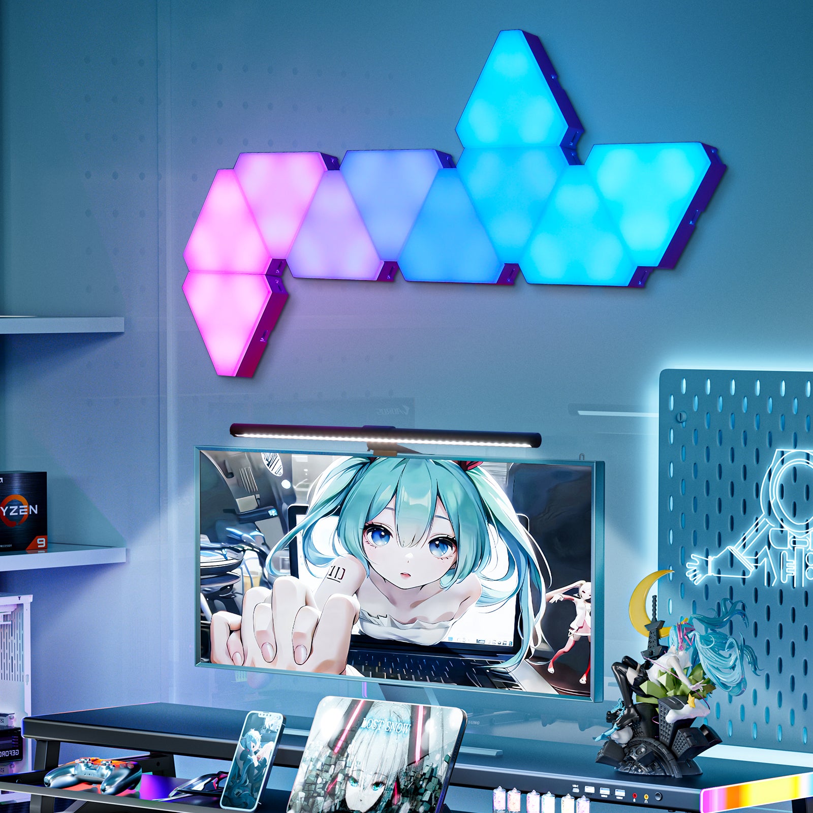 Gaming Light Set – Triangle RGBIC LED Panels + Eye-Caring Monitor Lamp, Sync with Music, App/Remote Control, Ideal for Gaming Room & Workstation