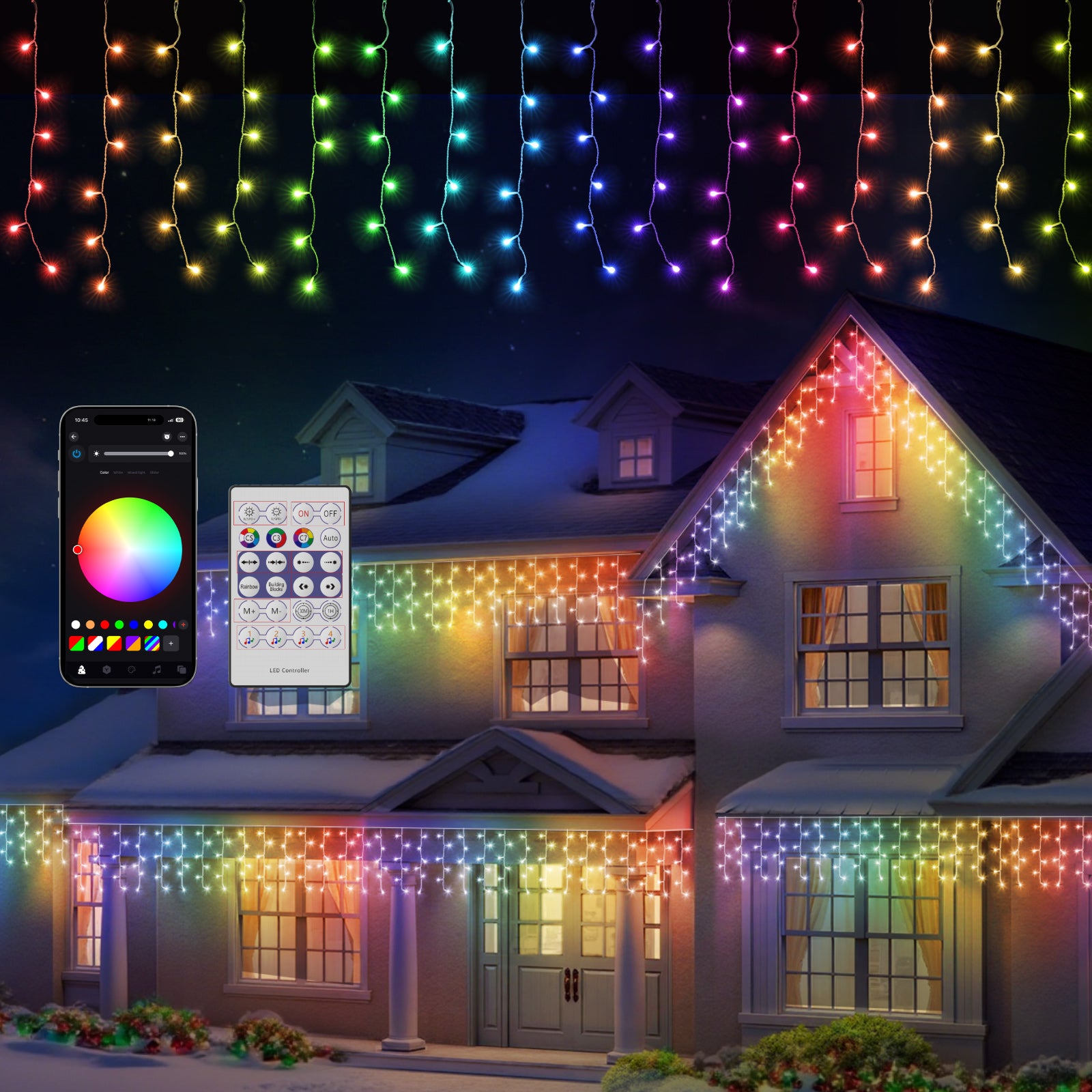 Quntis 5x0.6m/10x0.6m Transparent Wire Multicolor LED Icicle Lights with Remote – Smart Control, APP Custom Colors & Modes, Music Sync Christmas Holiday Icicle Lights