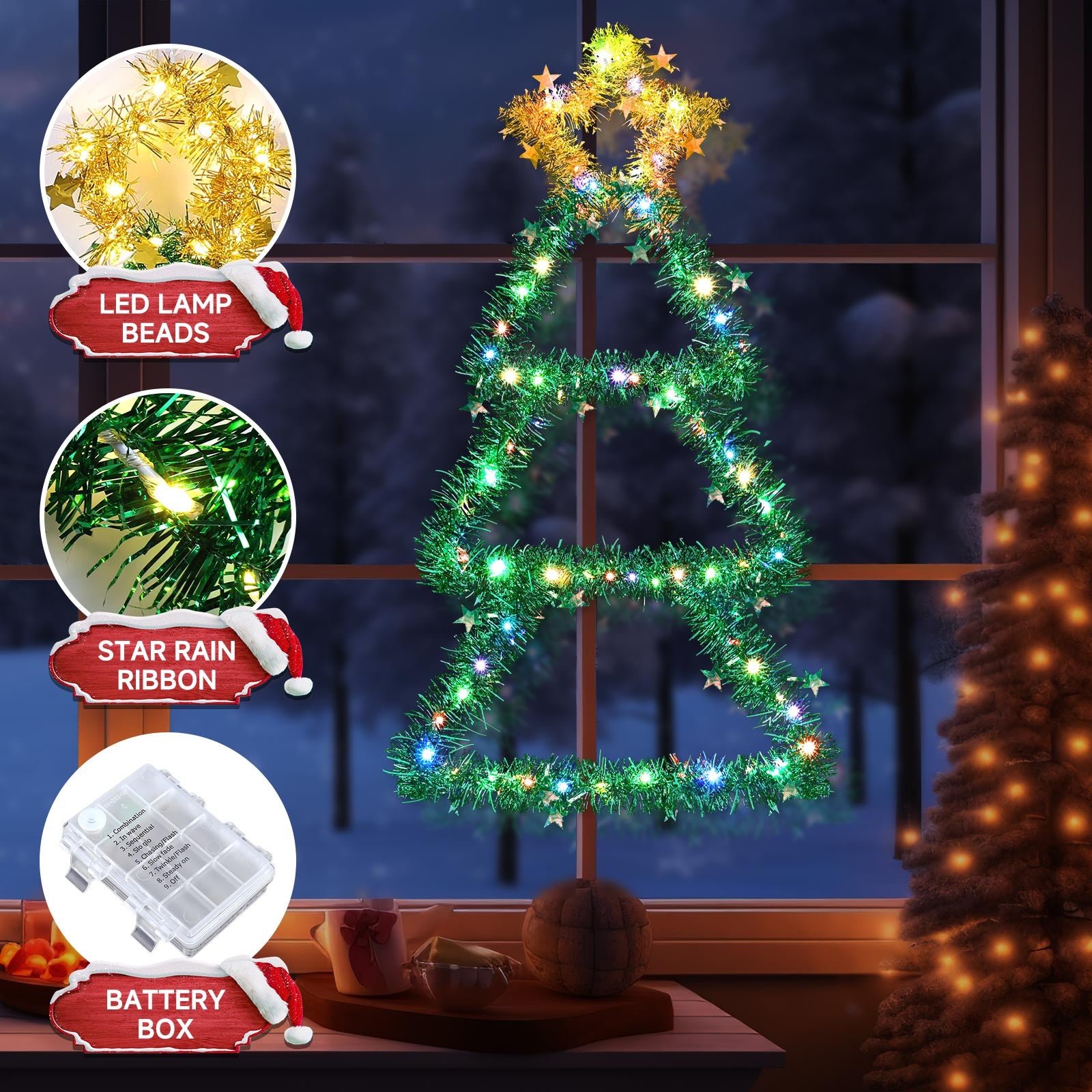 Quntis Metall Weihnachtsbaum mit Lichtern – Farbwechselnde batteriebetriebene Weihnachtsfensterlichter (30 x 14 Zoll), 8 Modi & Timer, faltbare Wanddekoration für drinnen/draußen