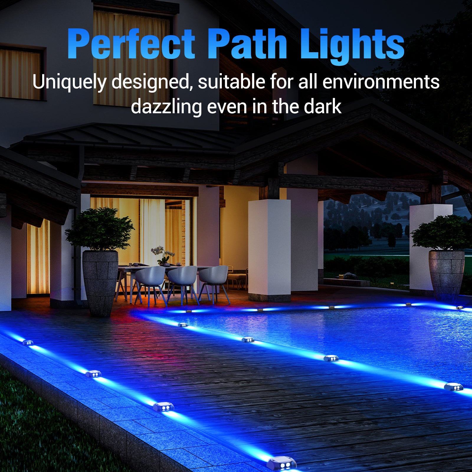 Quntis Solar Deck Lights Outdoor, Two-Way LED Blue Light Ground Lights, IP65 Waterproof Dusk to Dawn Lighting for Pathway, Step, Driveway and Garden