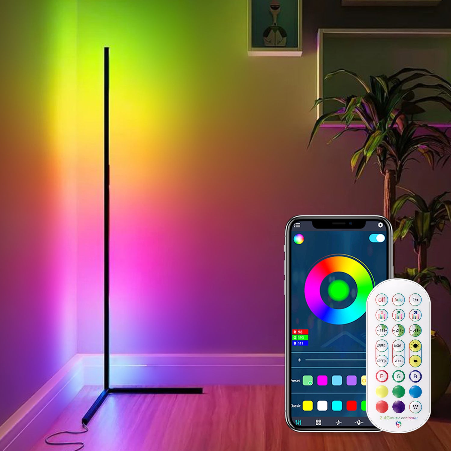 Угловая напольная лампа, RGB цветная изменяющаяся настроечная лампа с дистанционным управлением, диммируемая светодиодная угловая лампа с синхронизацией музыки, современная напольная лампа для гостиной и игровой комнаты