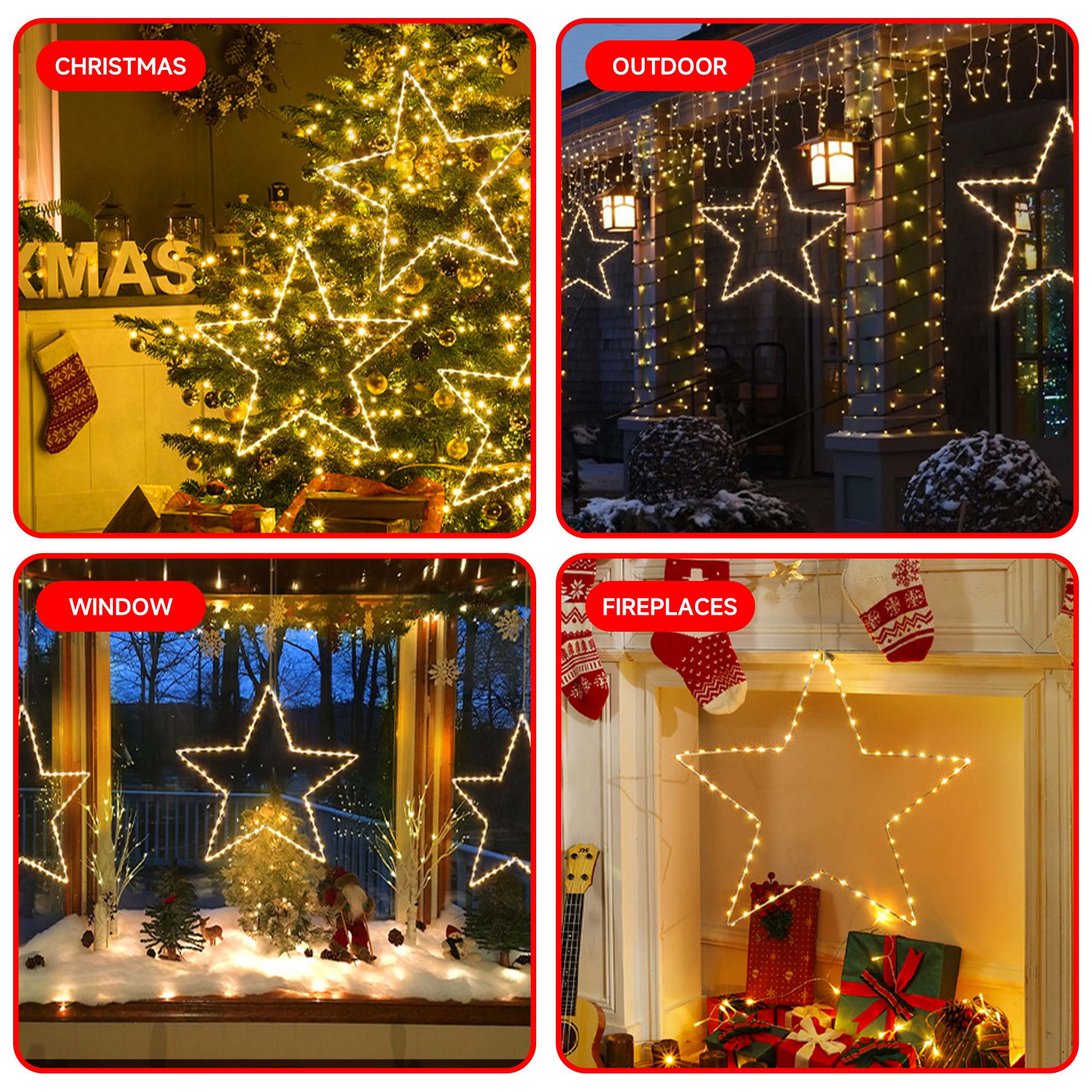 Quntis Star Christmas Window Lights, 76 LEDs 9 Stars Curtain Lights Battery Operated With Timer, 8 Mode Xmas Hanging Window Decorations Lights Indoor Backdrop For Bedroom Wall, Warm White