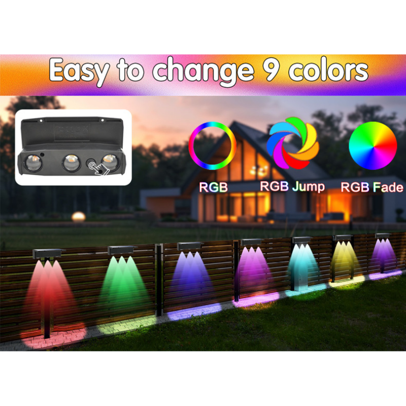 Solar Fence Wall Light, 3-LED Outdoor Garden Patio Lamp with RGB, Warm White & White Light Modes, 12 Lighting Effects, Home Decorative Ambient Color Changing