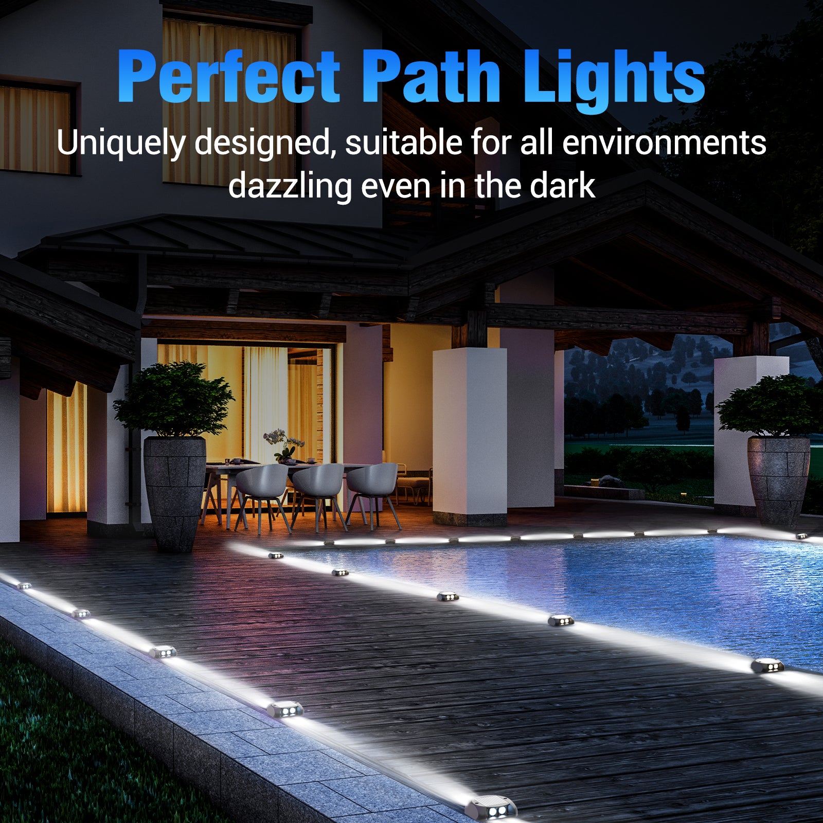 Quntis Solar Deck Lights Outdoor, Two-Way LED Cool White Ground Lights, IP65 Waterproof Dusk to Dawn Lighting for Pathway, Step, Driveway and Garden