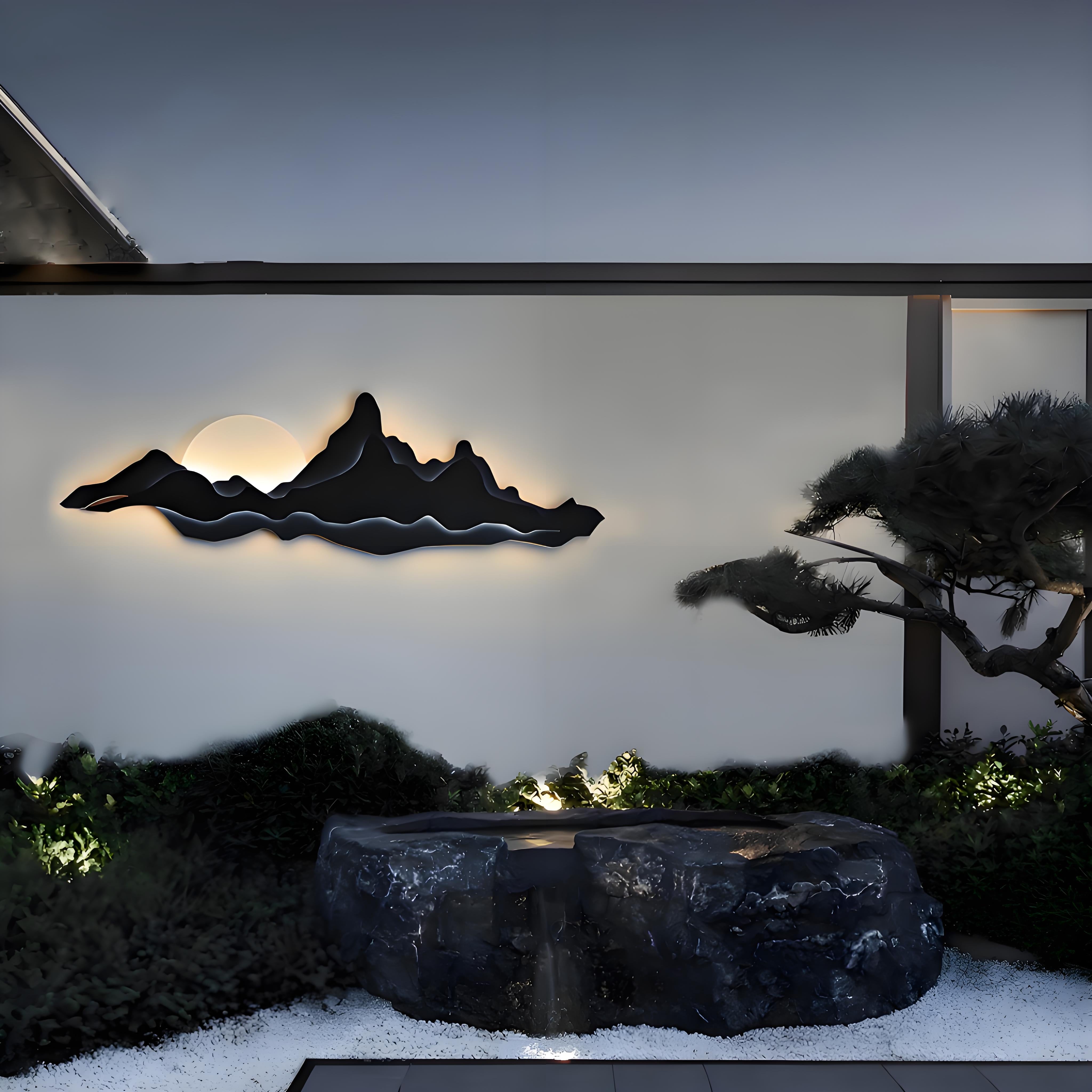 Solar Powered LED Wall Light – Modern Zen Mountain Landscape Outdoor Decor | Waterproof Ambient Art Lamp for Garden, Patio, or Entryway