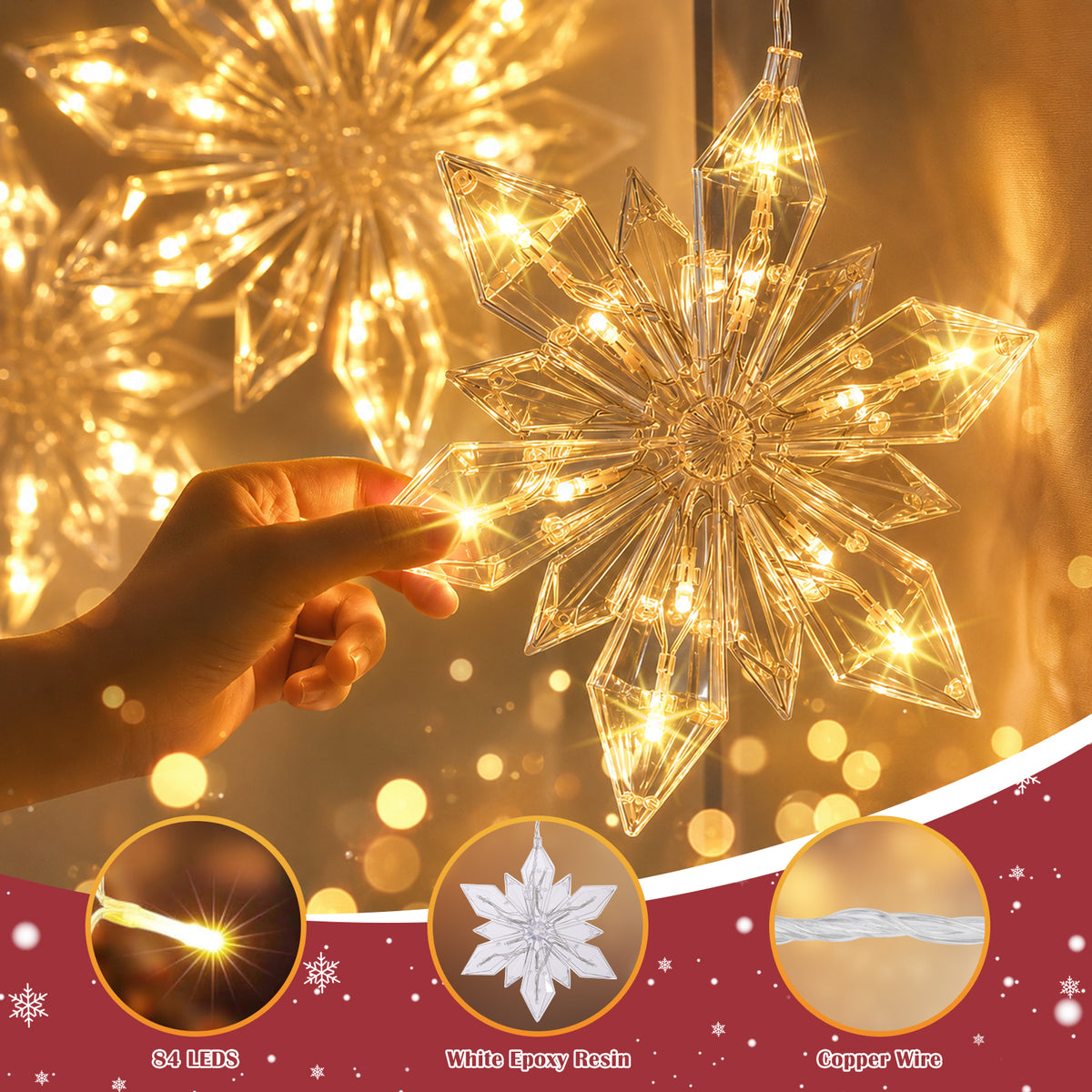 Quntis, guirlande lumineuse de fenêtre en forme de flocons de neige en cristal, 7 pièces, 84 LED blanc chaud à piles