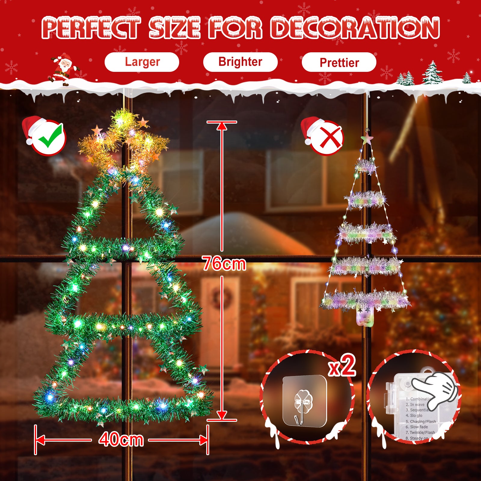 Quntis Metal Christmas Tree with Lights – Color Changing Battery-Powered Christmas Window Lights (30 x 14 Inches), 8 Modes & Timer, Foldable Wall Hanging Holiday Decor for Indoor/Outdoor Use