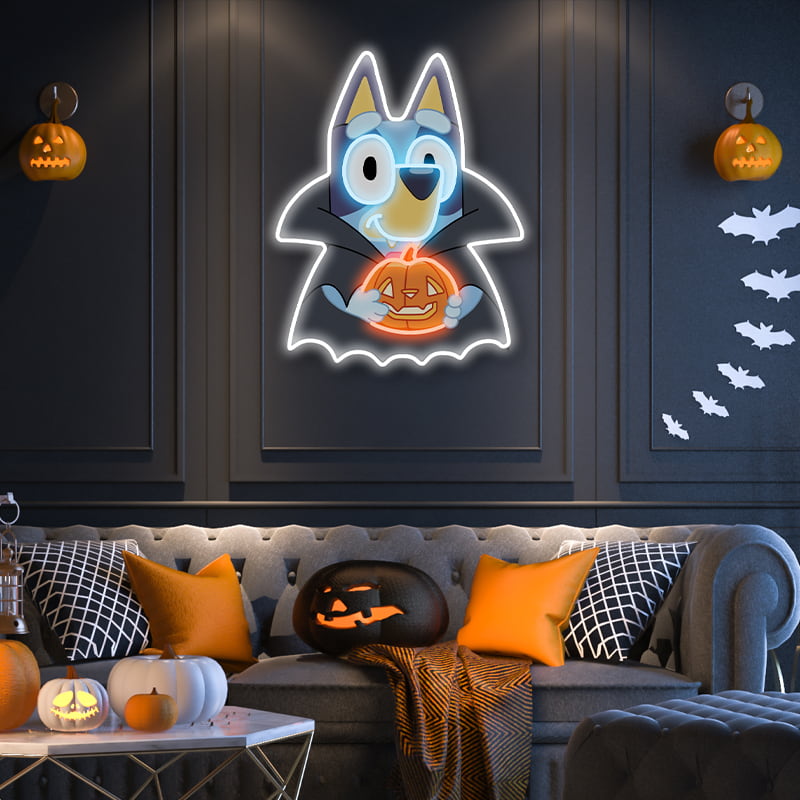 Bluey Tenant une Lampe de Nuit Néon Citrouille – Décor Amusant et Festif pour les Chambres d'Enfants, les Fêtes d'Halloween et les Salles de Jeux