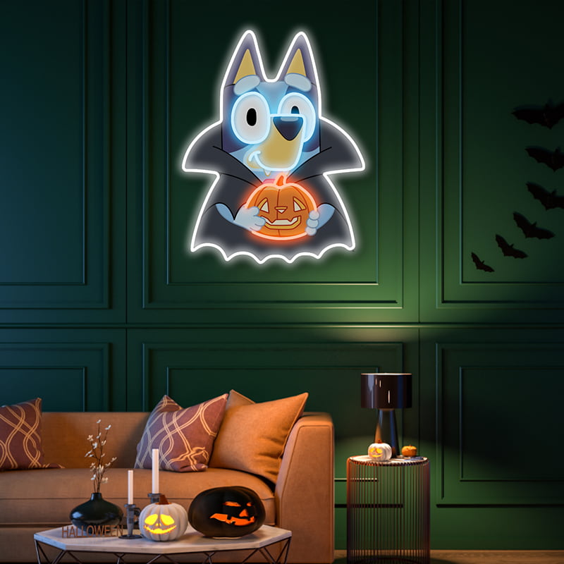 Bluey Tenant une Lampe de Nuit Néon Citrouille – Décor Amusant et Festif pour les Chambres d'Enfants, les Fêtes d'Halloween et les Salles de Jeux