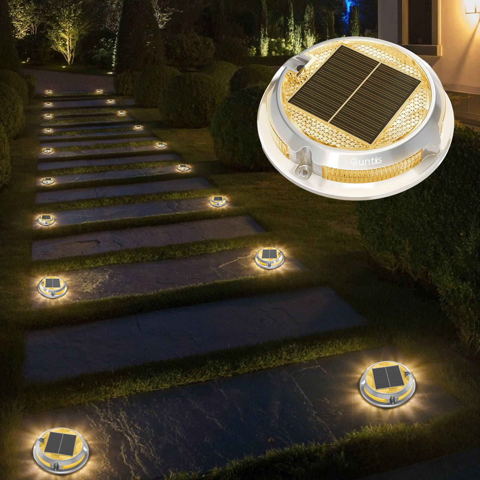 Quntis RGB Solar Deck Lights for Christmas, 11 Lighting Modes Solar Driveway Lights Outdoor Waterproof IP68, Solar Step Lights for Outside, Deck Lights Solar Powered for Stair Pathway Walkway 4 Pack