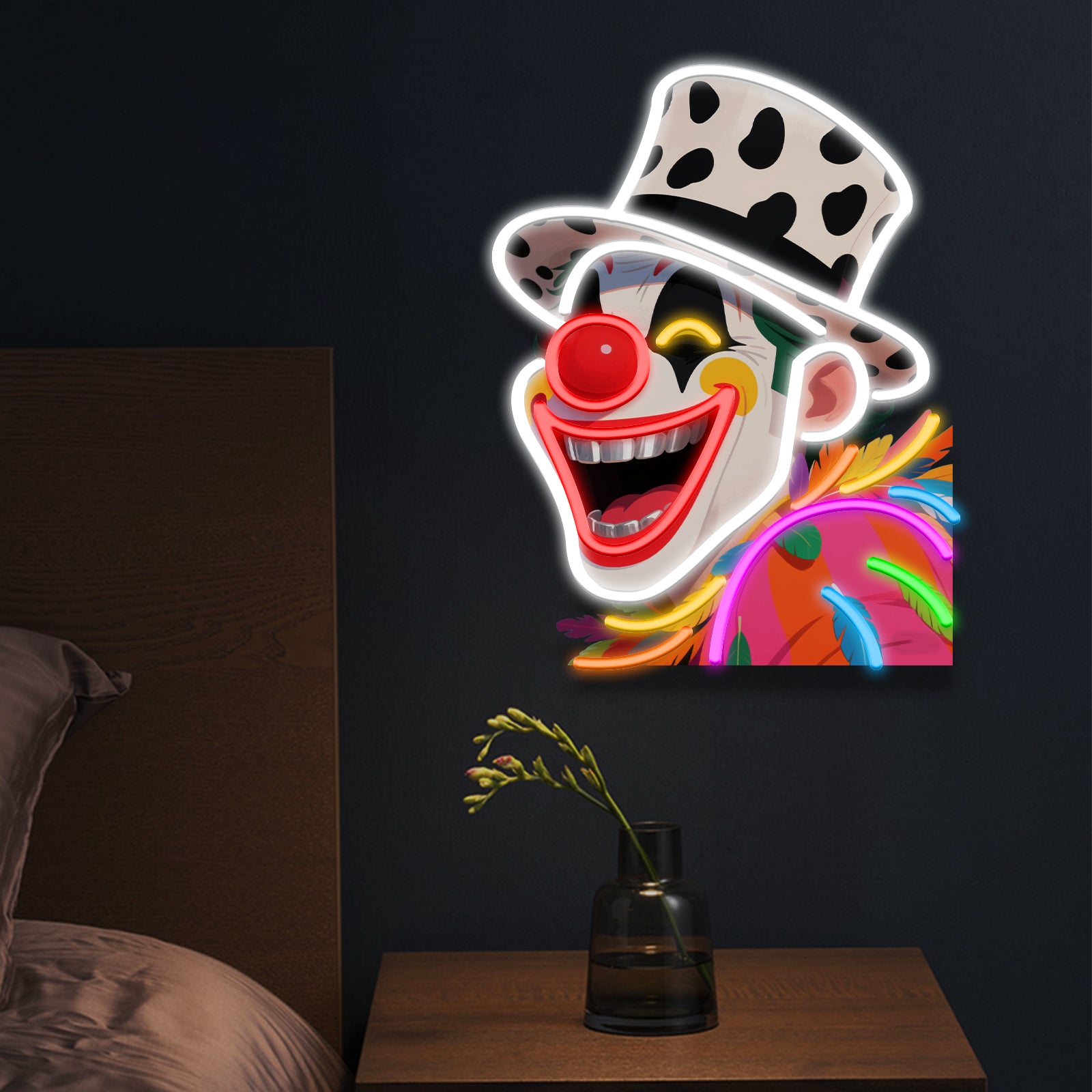 “Feathered Frenzy” Clown Neon Sign – Dots, Drama & Party Vibes in One Glowing Icon