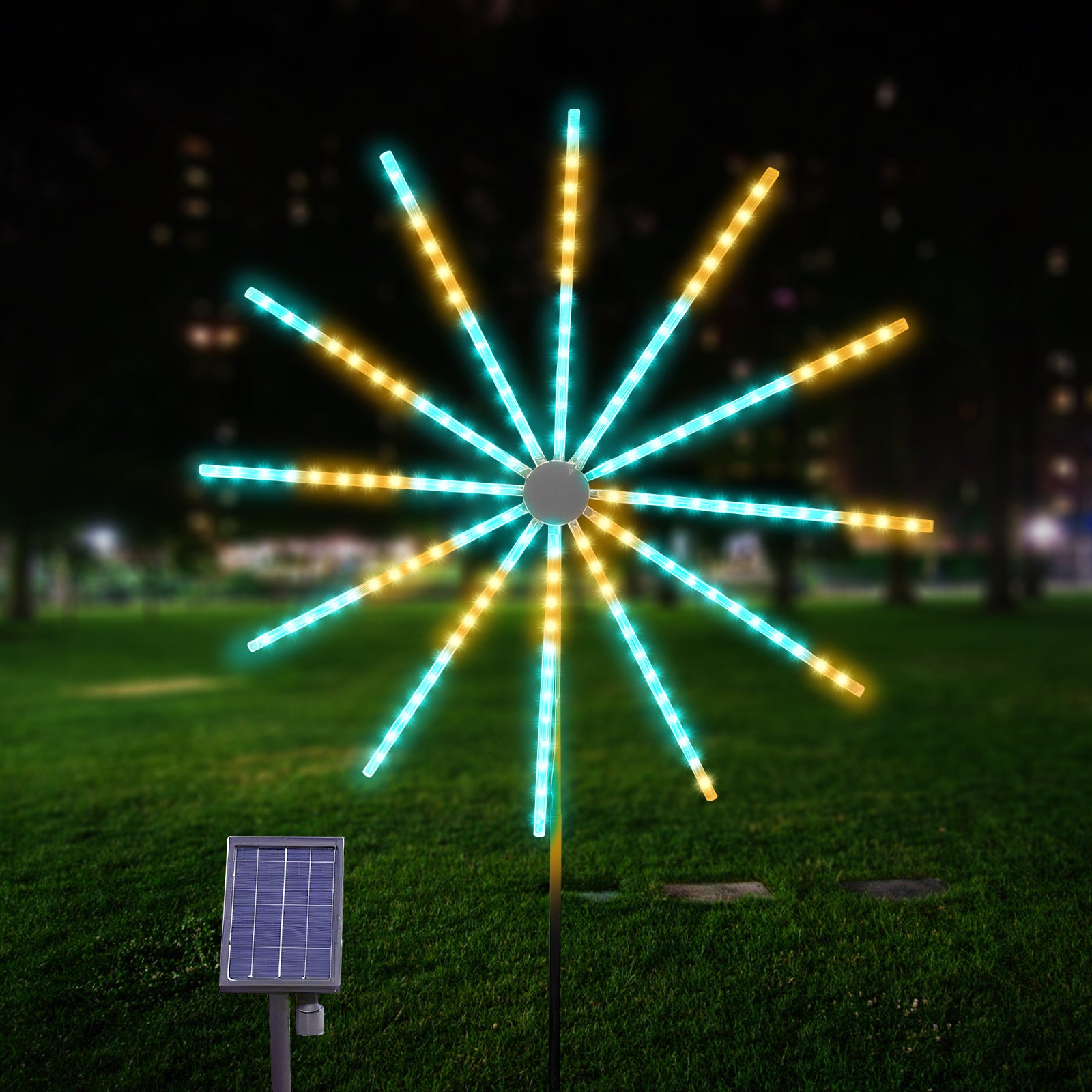 RGBW Solar Fireworks Lights – 56cm Color-Changing Pinwheel Meteor Shower Lights, Exploding Starburst Design with 3-in-1 Panels, Waterproof Outdoor Decoration