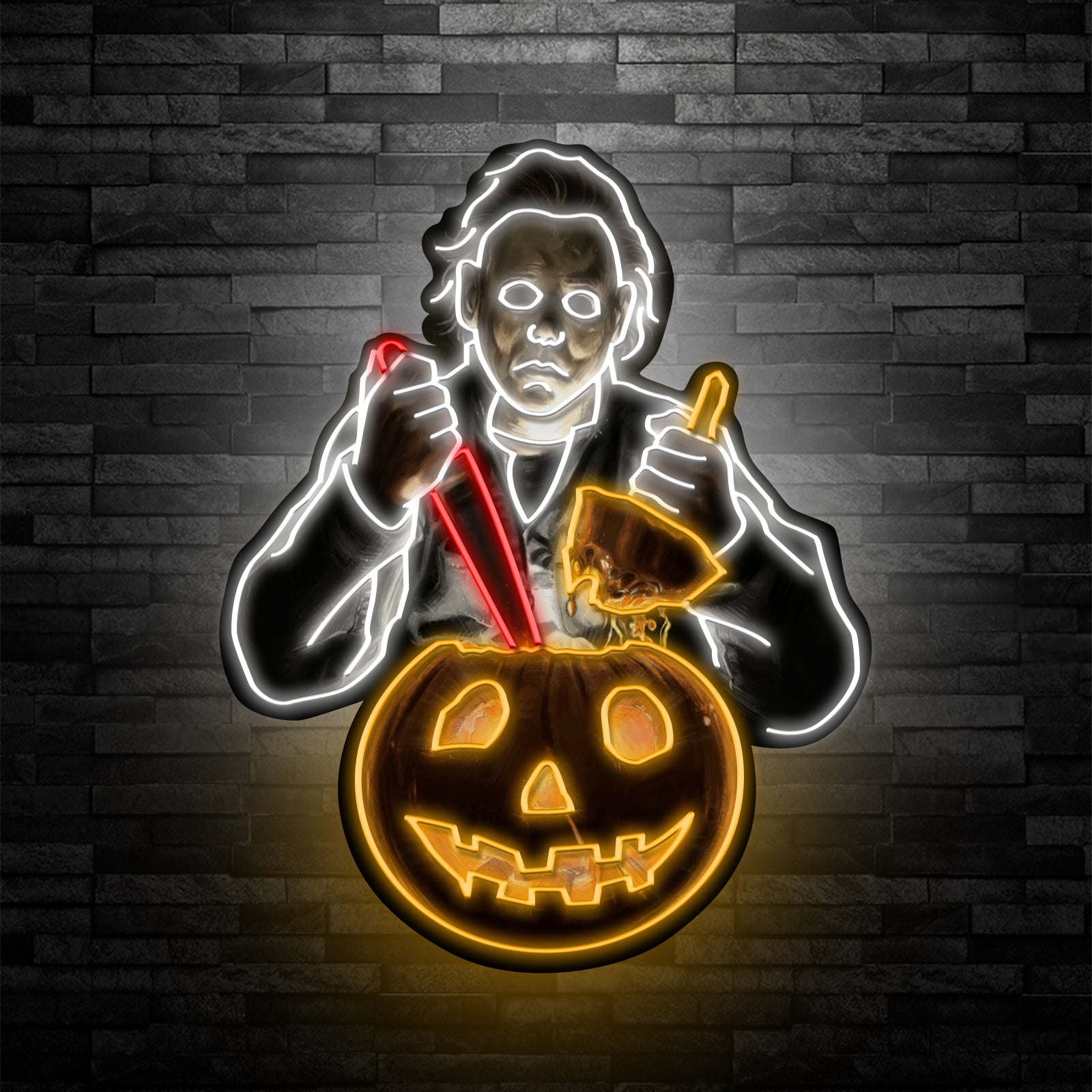 Michael Myers Pumpkin Carving Neon Sign – Halloween Slasher with Knife LED Wall Light for Horror Decor