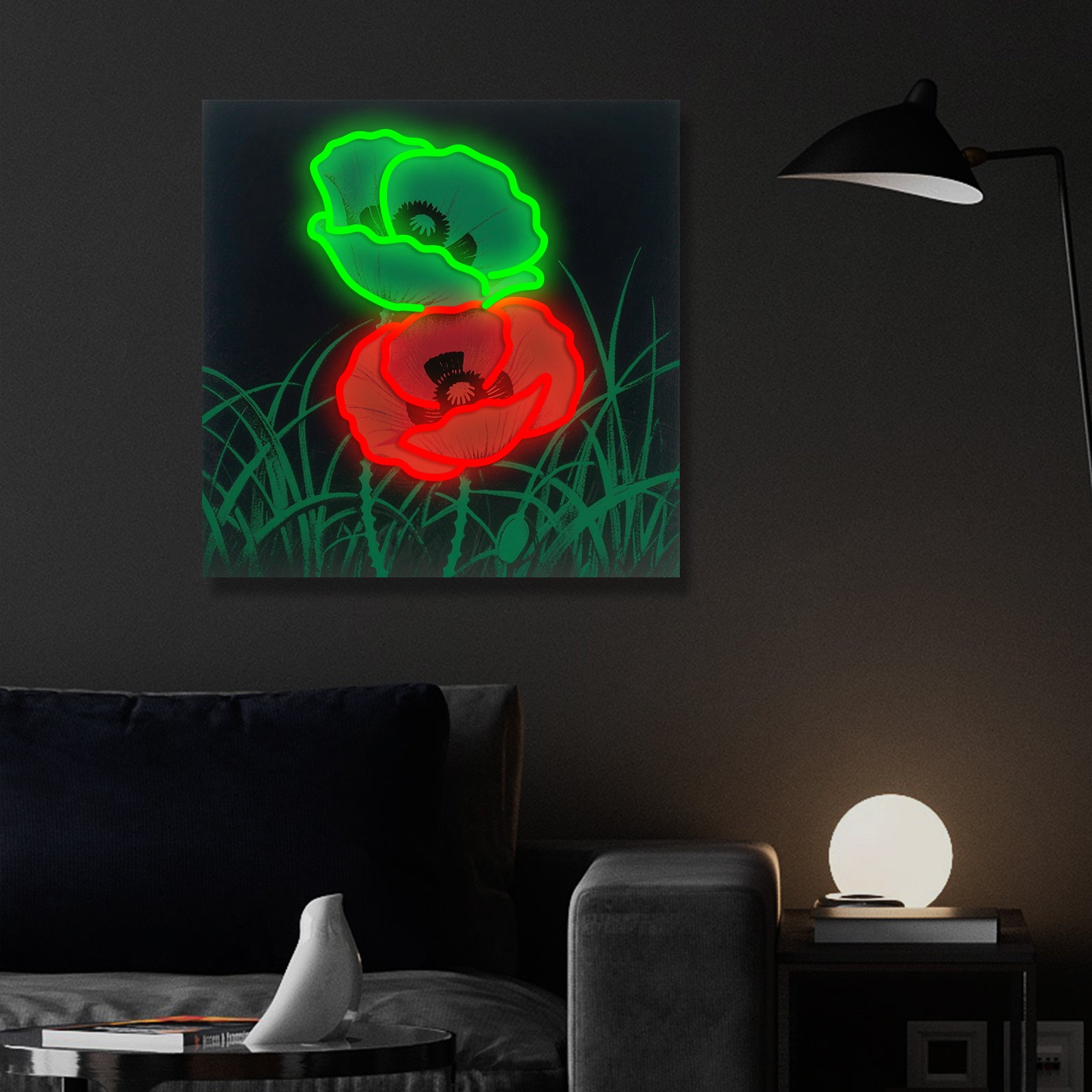 LED Neon Flower Wall Art Light – Red & Green Poppy Neon Sign for Bedroom, Living Room, Bar & Home Decor