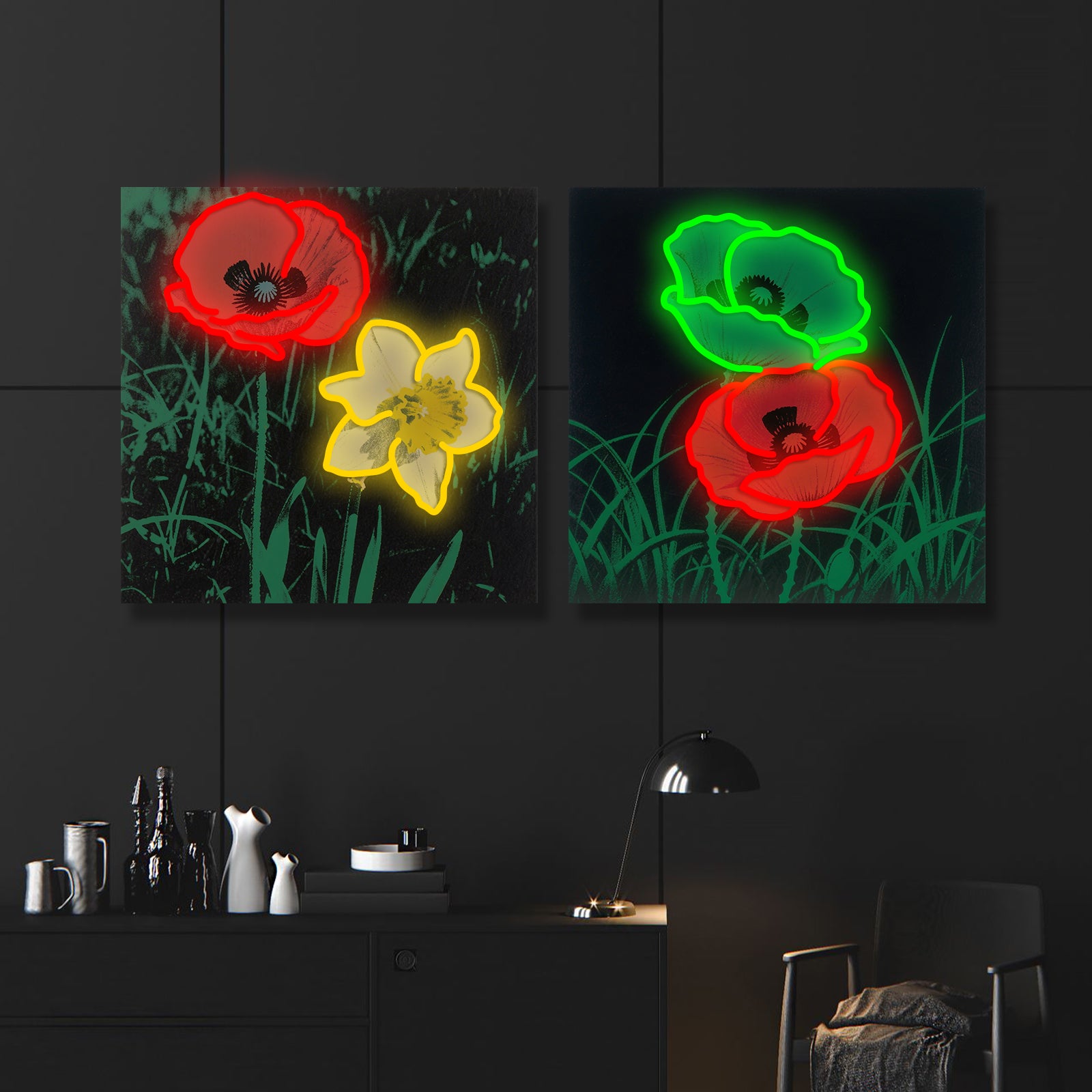 LED Neon Flower Wall Art Light – Red & Green Poppy Neon Sign for Bedroom, Living Room, Bar & Home Decor