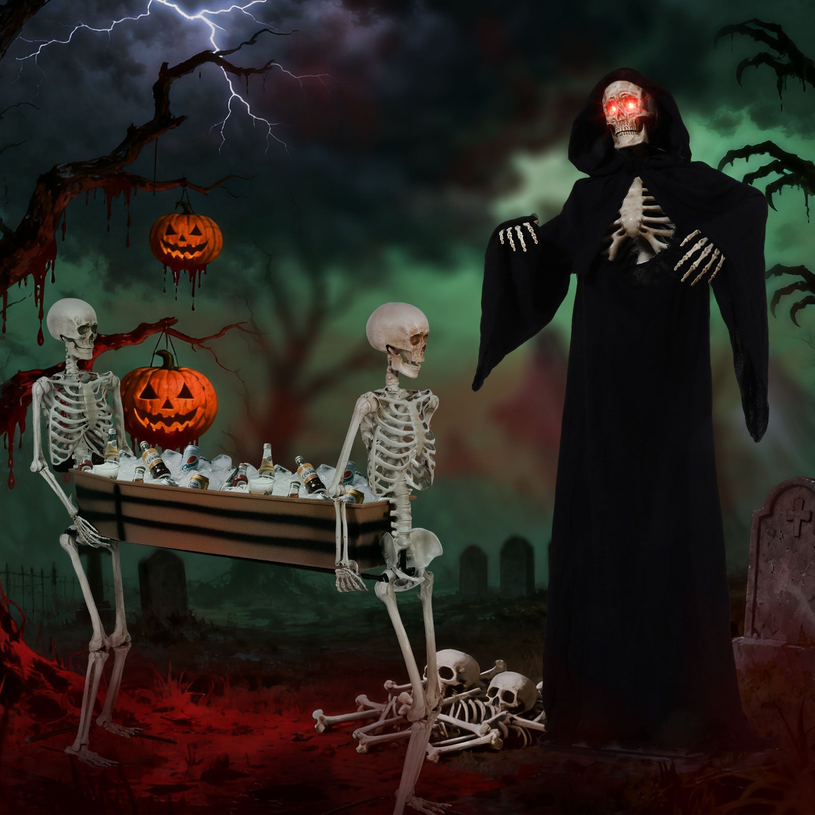 Halloween Combo Deal – Zombie Coffin Carriers & Grim Reaper Outdoor Decoration Set for Spooky Yard & Haunted Party