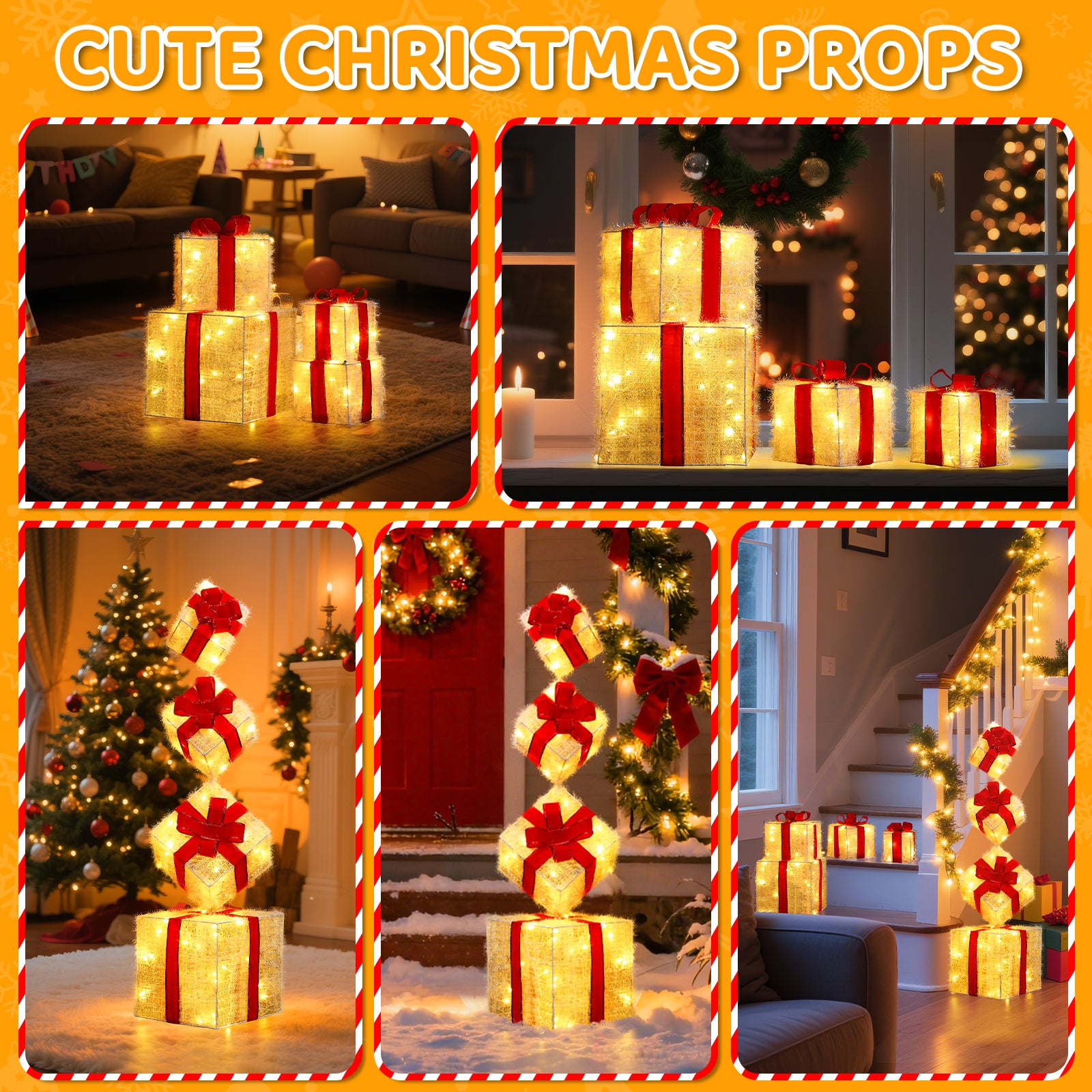 Quntis LED Christmas Gift Box Set 4 Piece Warm White Lights Stacked Present Boxes with 8 Lighting Modes for Holiday Decor