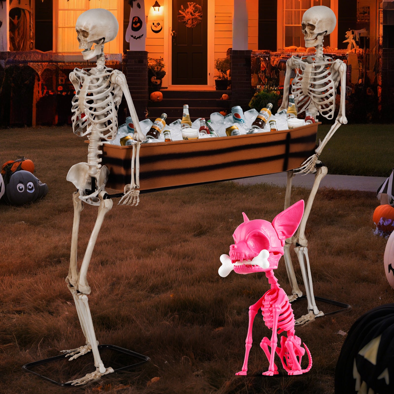 Halloween Skeleton Drink Holder Set – Grim Reaper Coffin Cooler Decor, Pink Skeleton Dog, Outdoor Yard & Party Decoration, Spooky Haunted House Prop