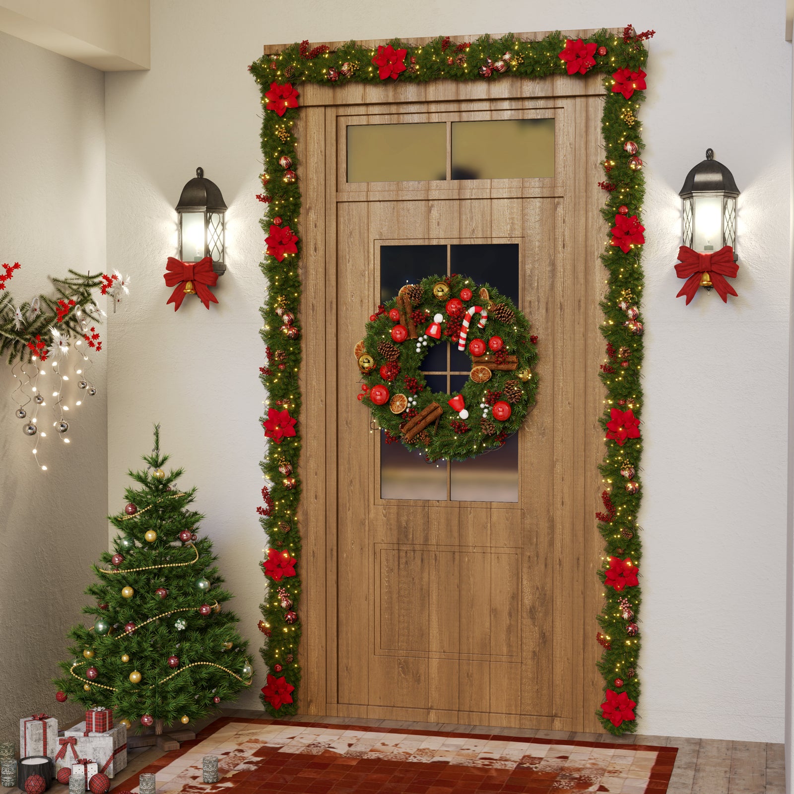 2-Piece Christmas Decoration Bundle – Candy Cane Wreath and Matching Garland