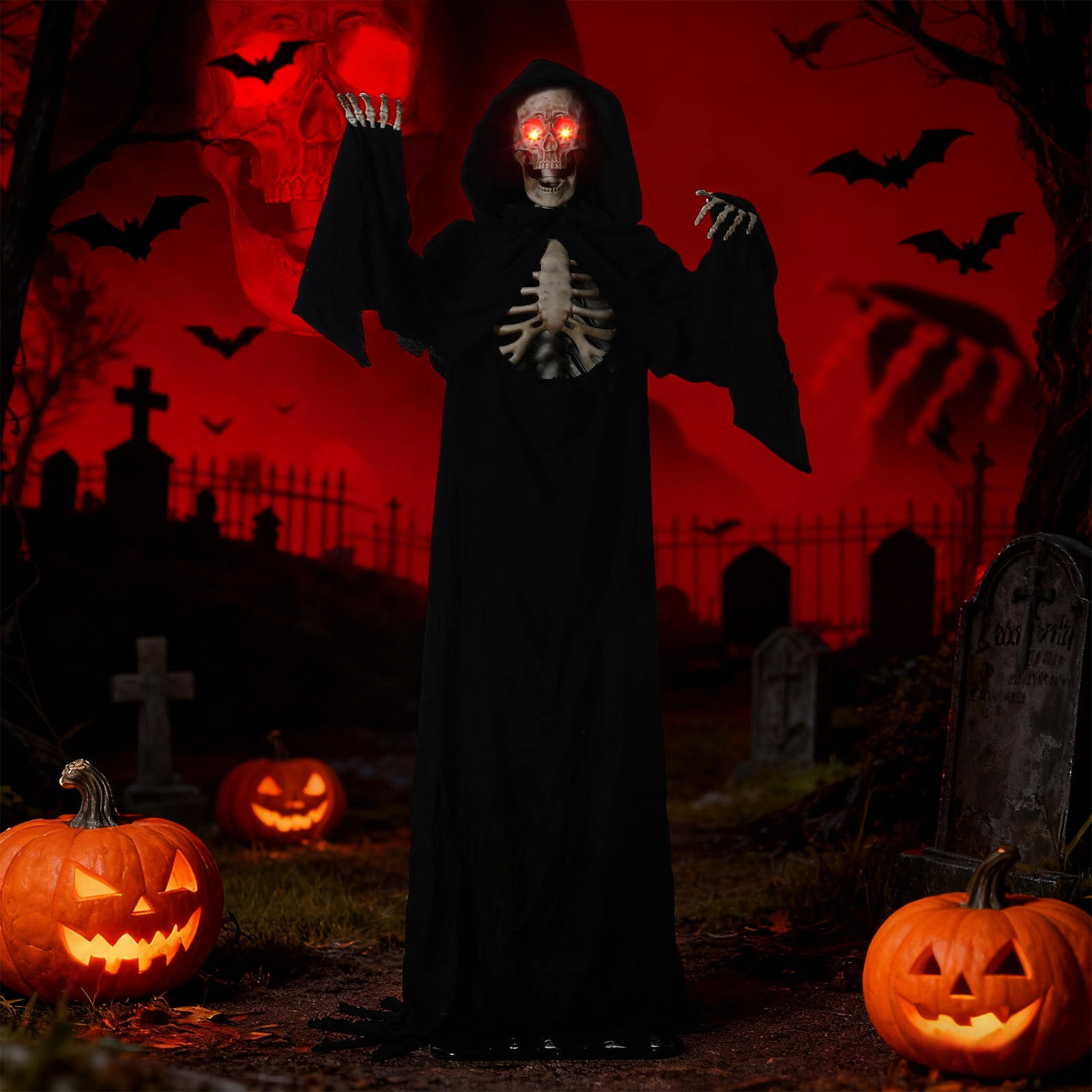 Quntis Halloween Animatronics Decorations Outdoor - 7FT Life Size Animated Grim Reaper, Scary Gaint Skeleton with Sound & Touch Activated, Spooky Sound, Lighted Eyes, Graveyard Yard Party Haunted Prop
