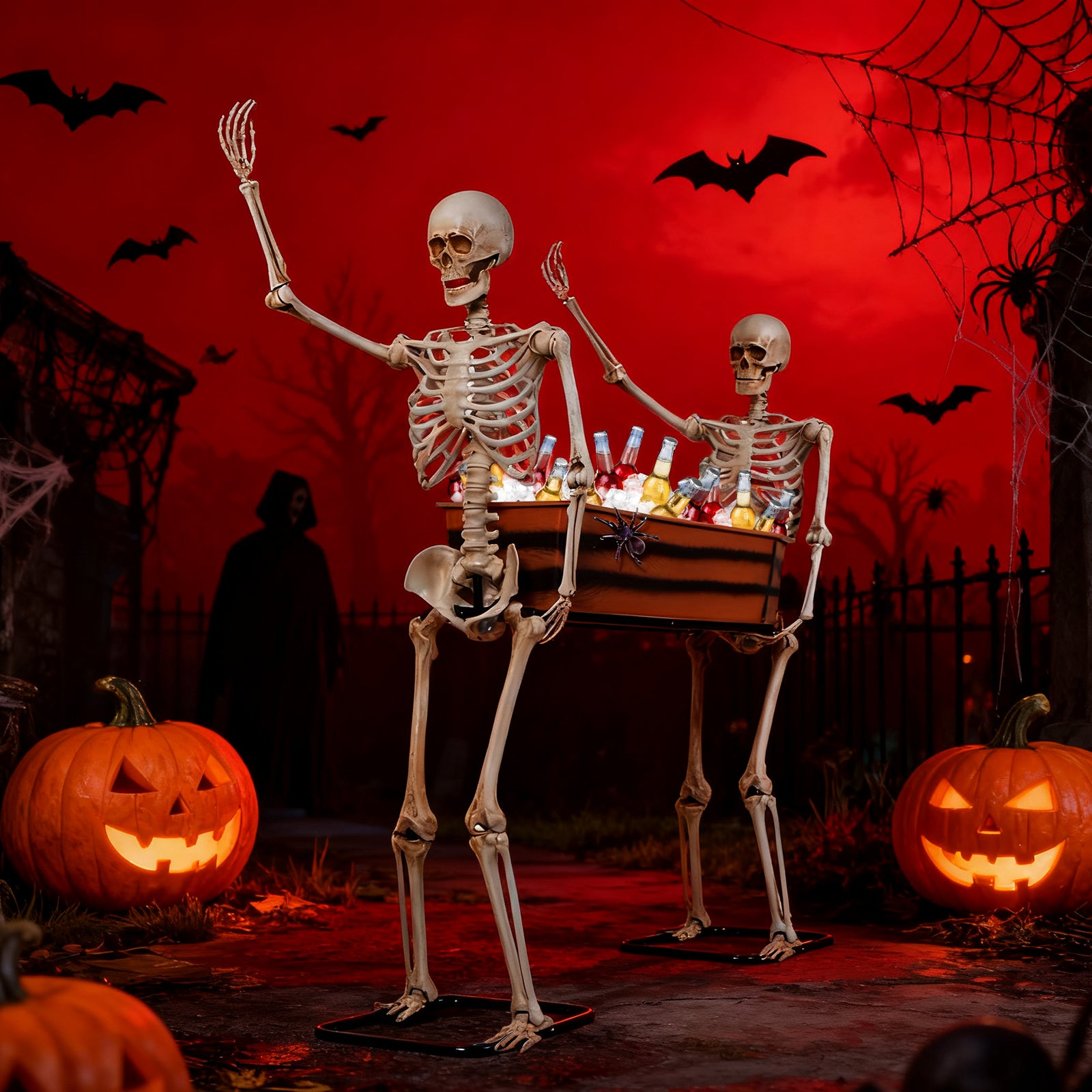Quntis Halloween Outdoor Party Decoration - 5ft Skeleton Carrying Coffin [Last for Seasons] - Realistic Life Size Undead Pallbearers Set Drink Cooler - Spooky Graveyard Halloween Display