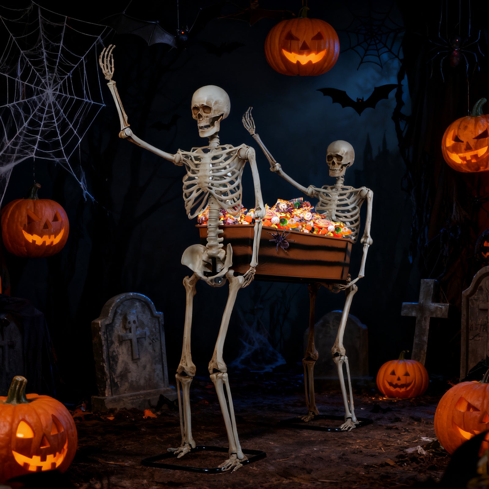 Quntis Halloween Outdoor Party Decoration - 5ft Skeleton Carrying Coffin [Last for Seasons] - Realistic Life Size Undead Pallbearers Set Drink Cooler - Spooky Graveyard Halloween Display