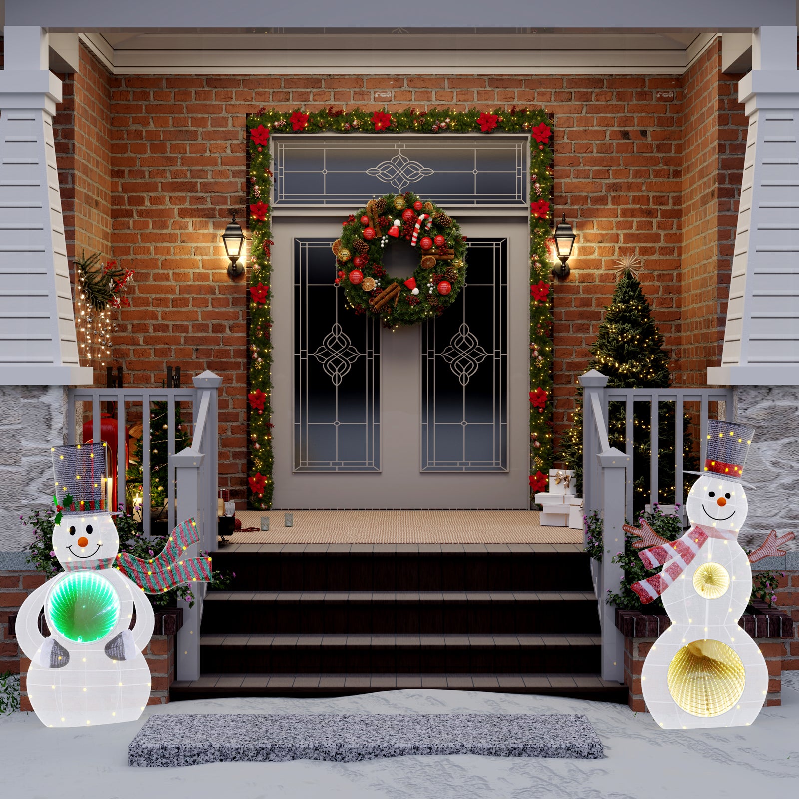 Christmas 4-Piece Bundle: 1 Garland with Lights, 1 Wreath & 2 Snowman Iron Lights