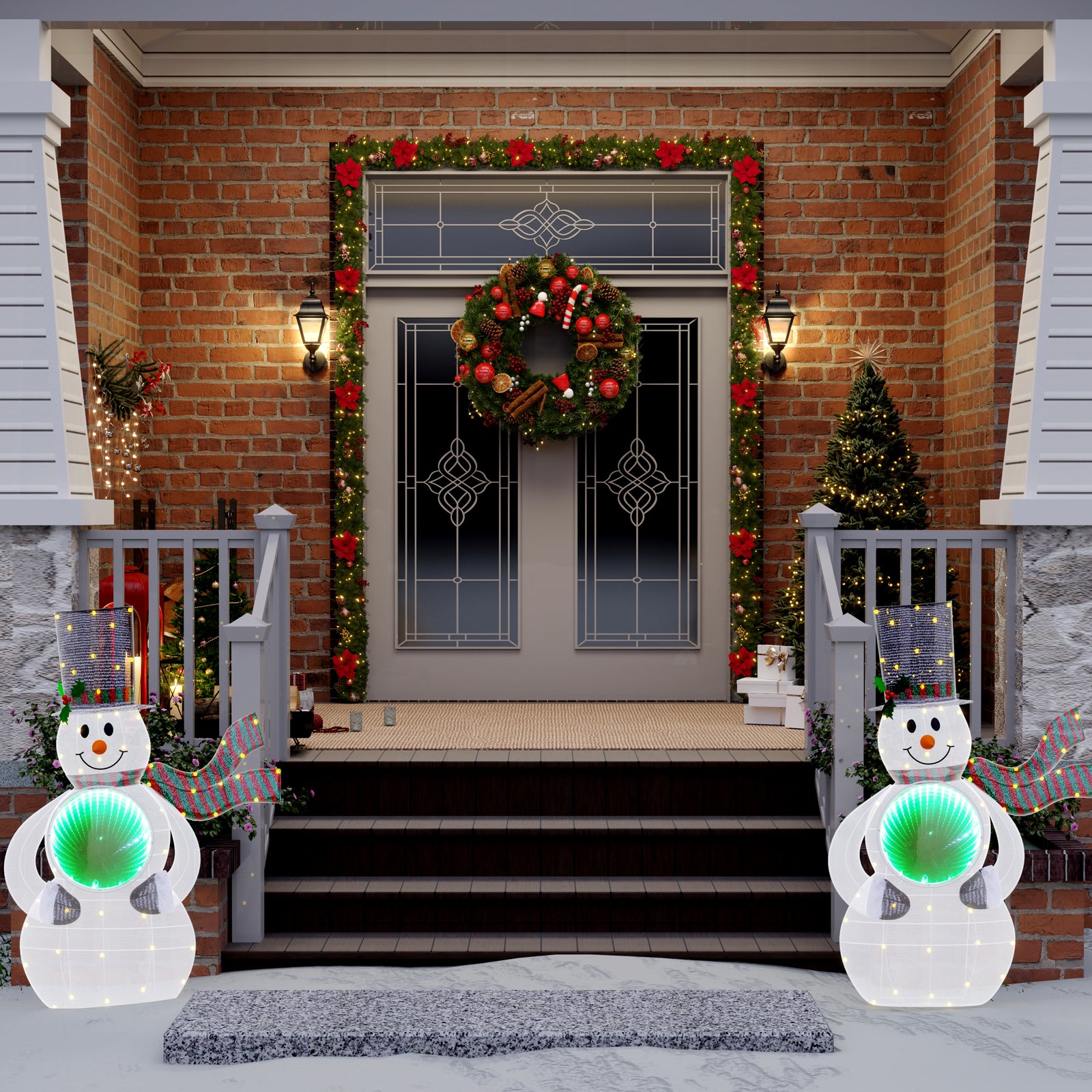 Christmas 4-Piece Bundle: 1 Garland with Lights, 1 Wreath & 2 Snowman Iron Lights