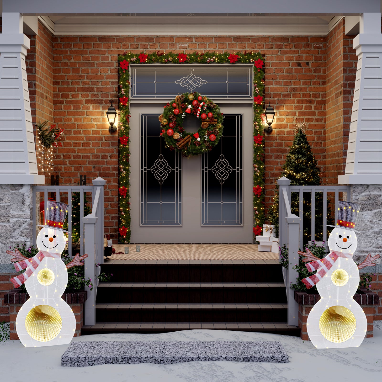 Christmas 4-Piece Bundle: 1 Garland with Lights, 1 Wreath & 2 Snowman Iron Lights