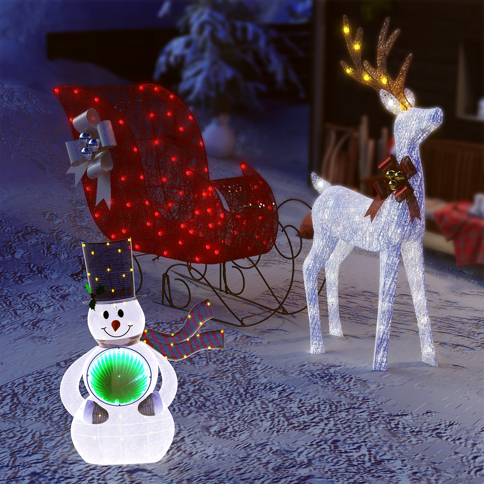 2-Piece Christmas Set: White Deer Sleigh & Snowman Iron Light