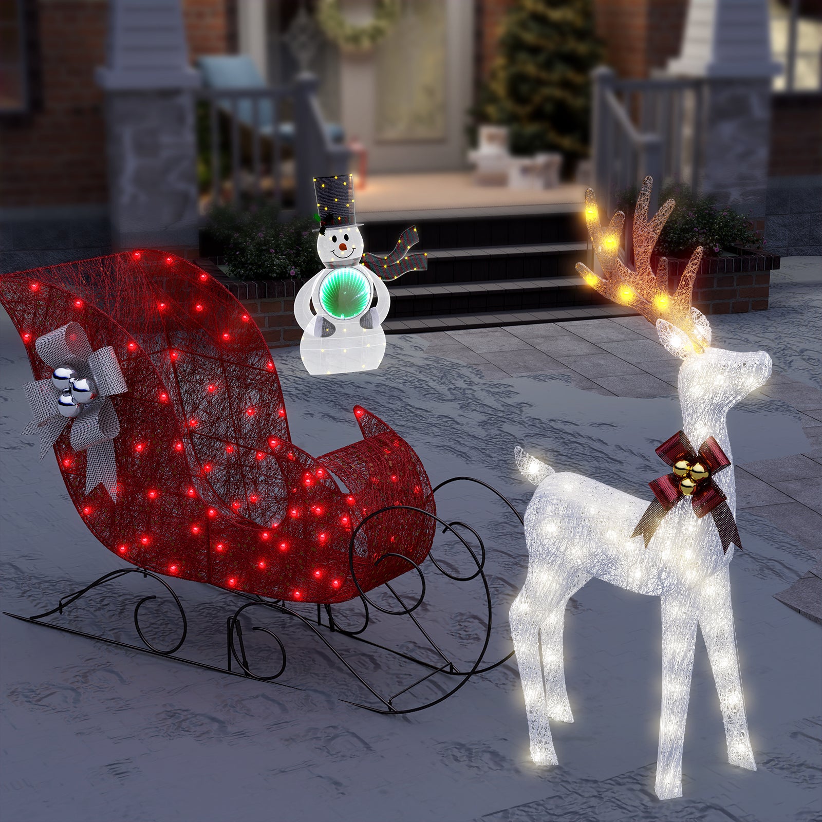 2-Piece Christmas Set: White Deer Sleigh & Snowman Iron Light