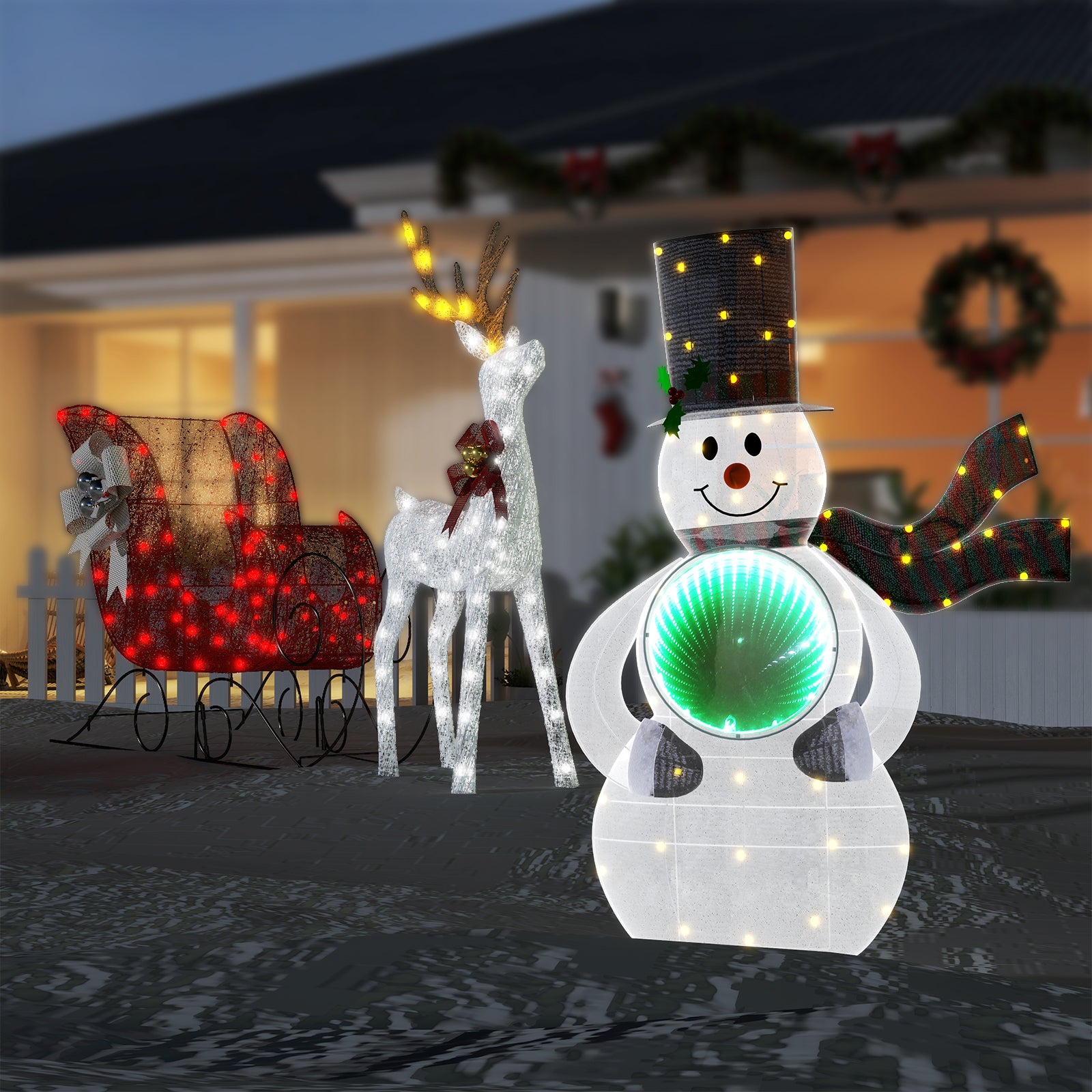 2-Piece Christmas Set: White Deer Sleigh & Snowman Iron Light