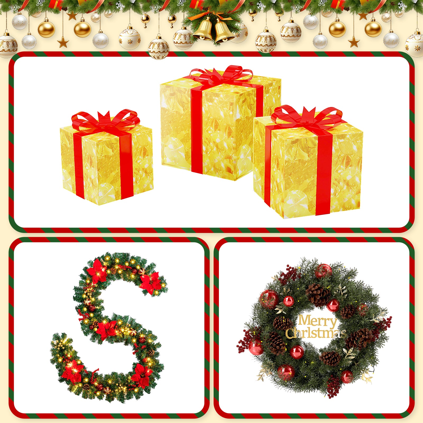 5-Pieces Christmas Bundle – 1 Wreath + 1 Garland + 3 Gift Box Set