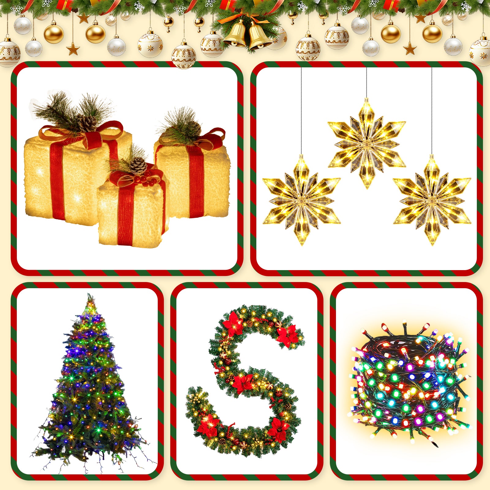 Quntis 5-in-1 Christmas Decoration Bundle — Window Lights, Tree Lights, Garland, and Gift Boxes Set for Holiday Indoor & Outdoor Décor