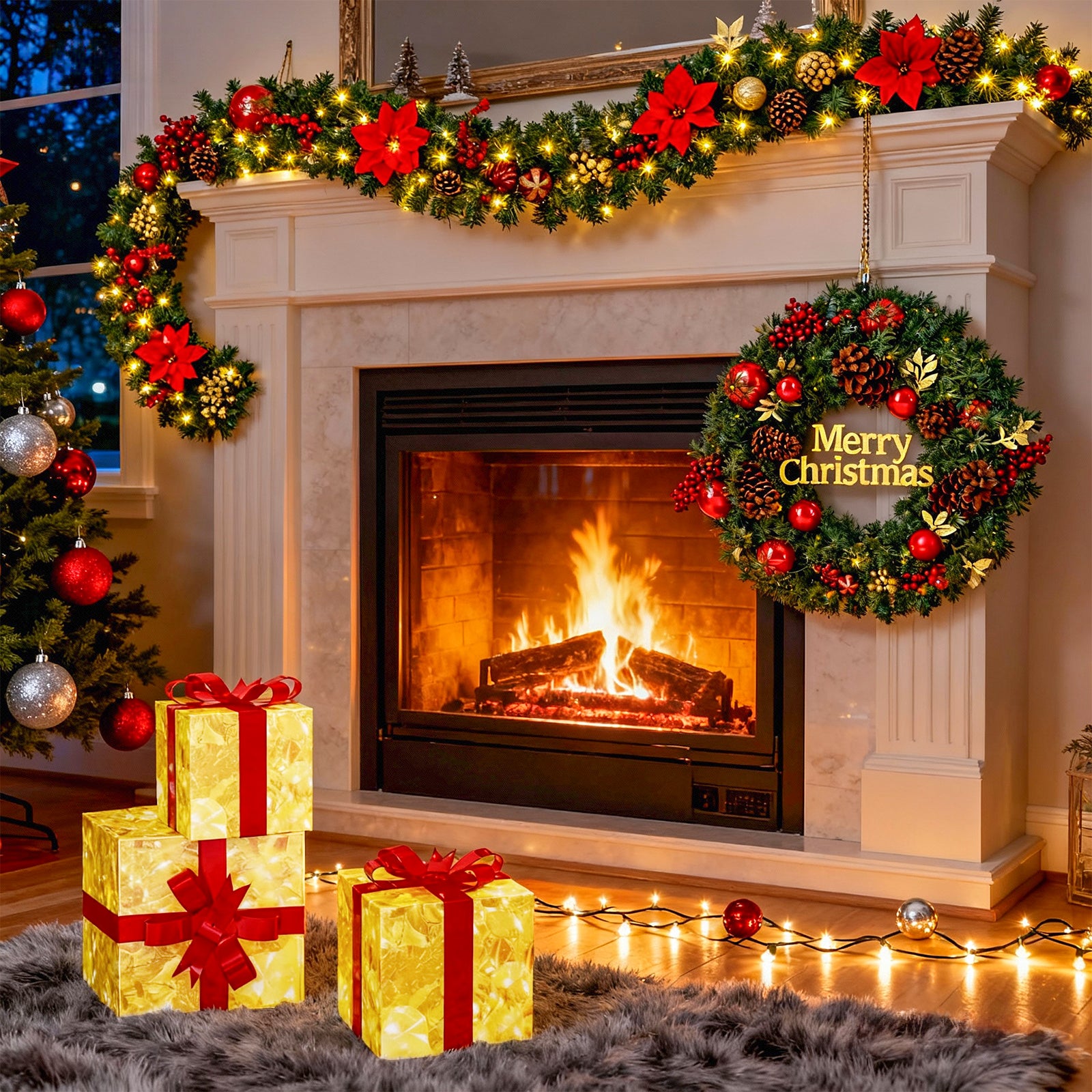 5-Pieces Christmas Bundle – 1 Wreath + 1 Garland + 3 Gift Box Set