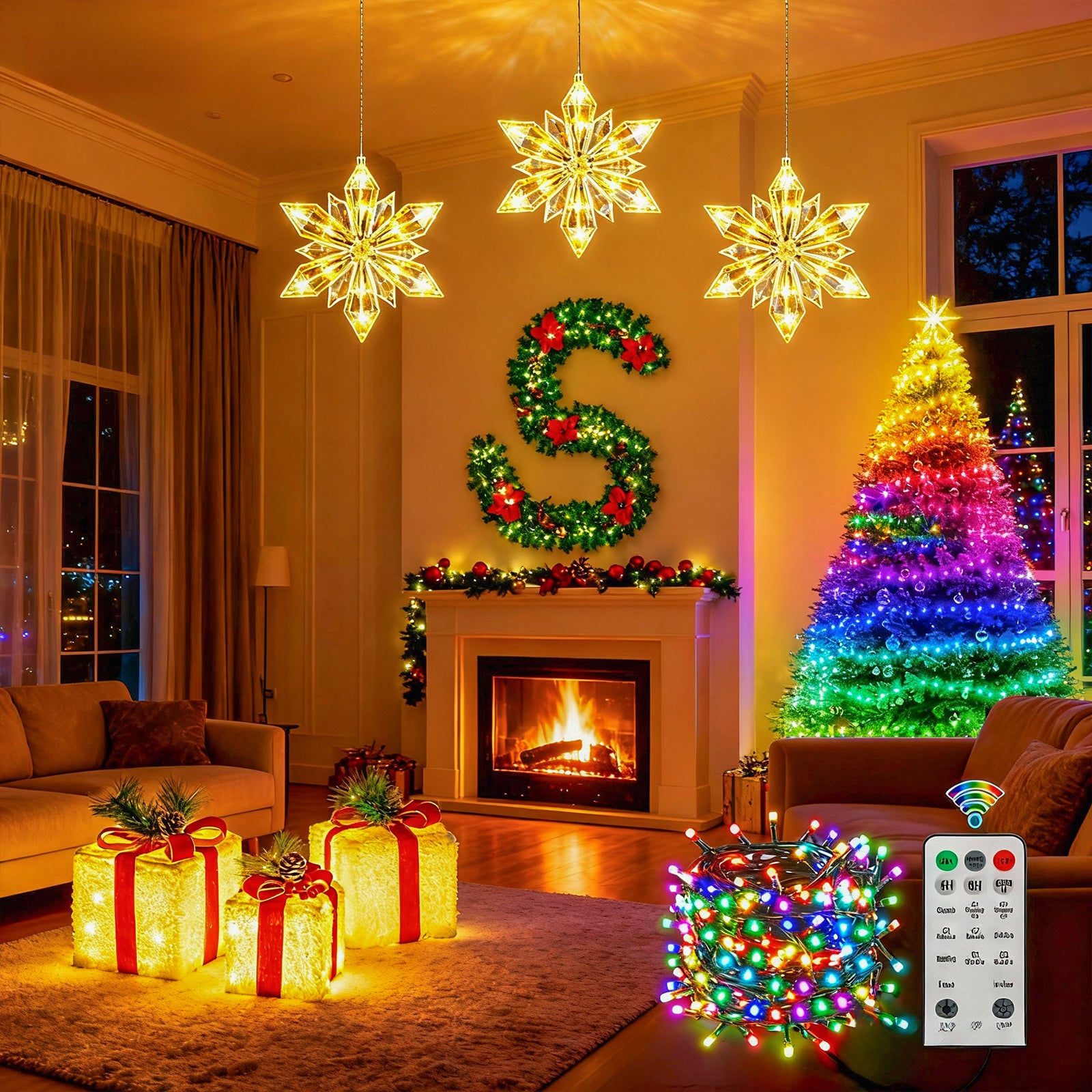 Quntis 5-in-1 Christmas Decoration Bundle — Window Lights, Tree Lights, Garland, and Gift Boxes Set for Holiday Indoor & Outdoor Décor