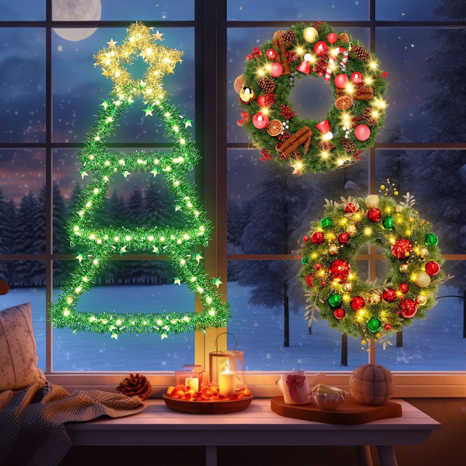 Quntis 4-in-1 Christmas Bundle — 2× 66cm Foldable Iron Christmas Trees with 110 Warm LED Lights, 1× Red/Gold/Green Shiny Ball Wreath, 1× Candy Cane Colorful Wreath