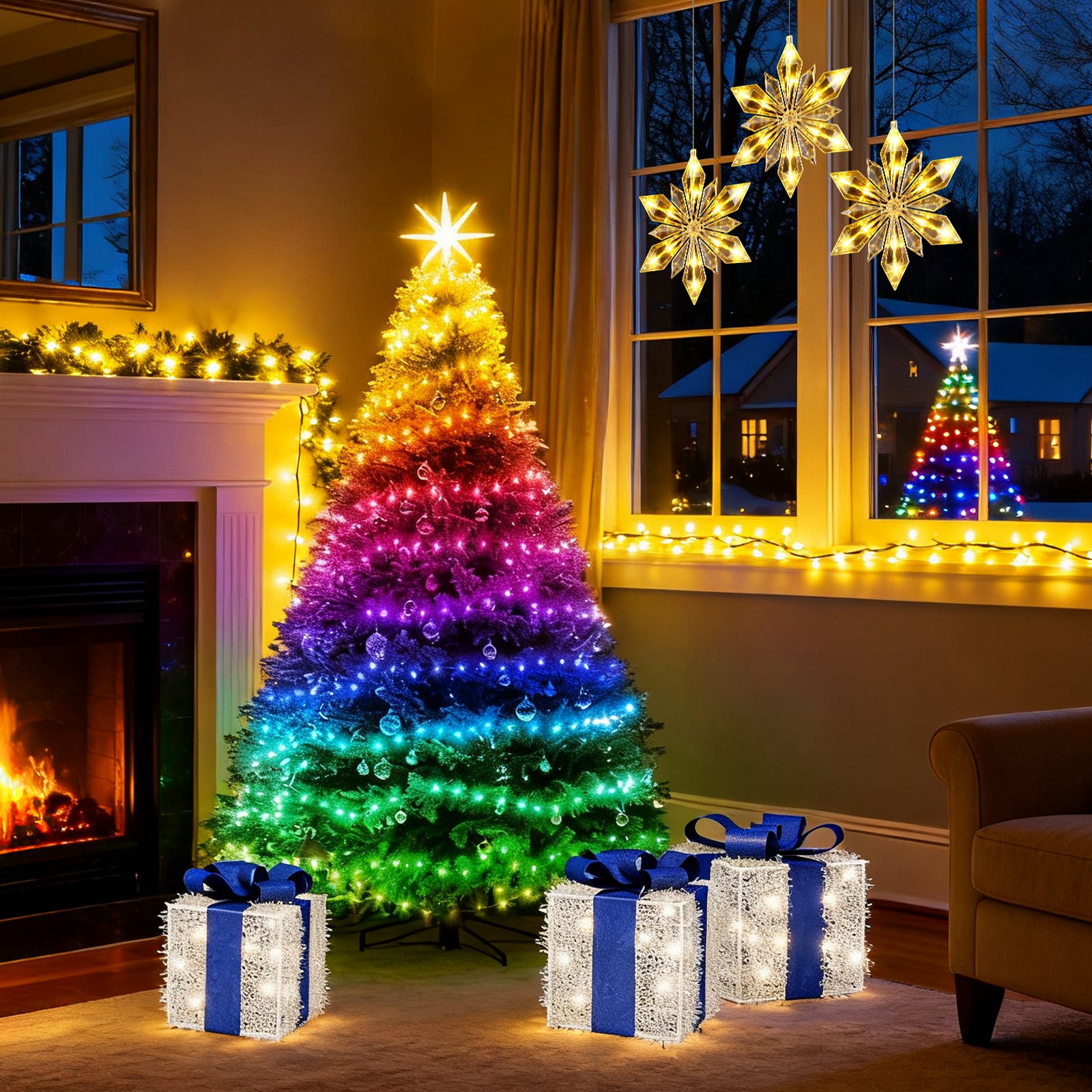 Quntis 4-in-1 Christmas Bundle — 3-in-1 Diamond Snowflake Window Lights, 30m Color-Changing Flowing Lights, 7.6m Warm White Centipede Lights, 3-Piece Silver Blue Gift Boxes