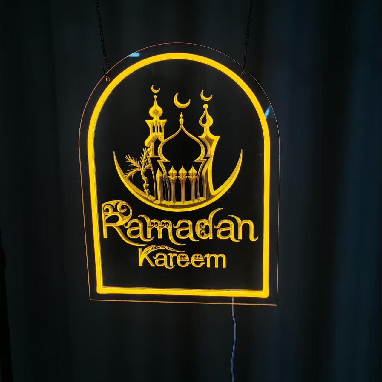 Premium 3D Engraved Neon Sign: Multi-Layer Mosque Silhouette & 'Ramadan Kareem' Arch Display
