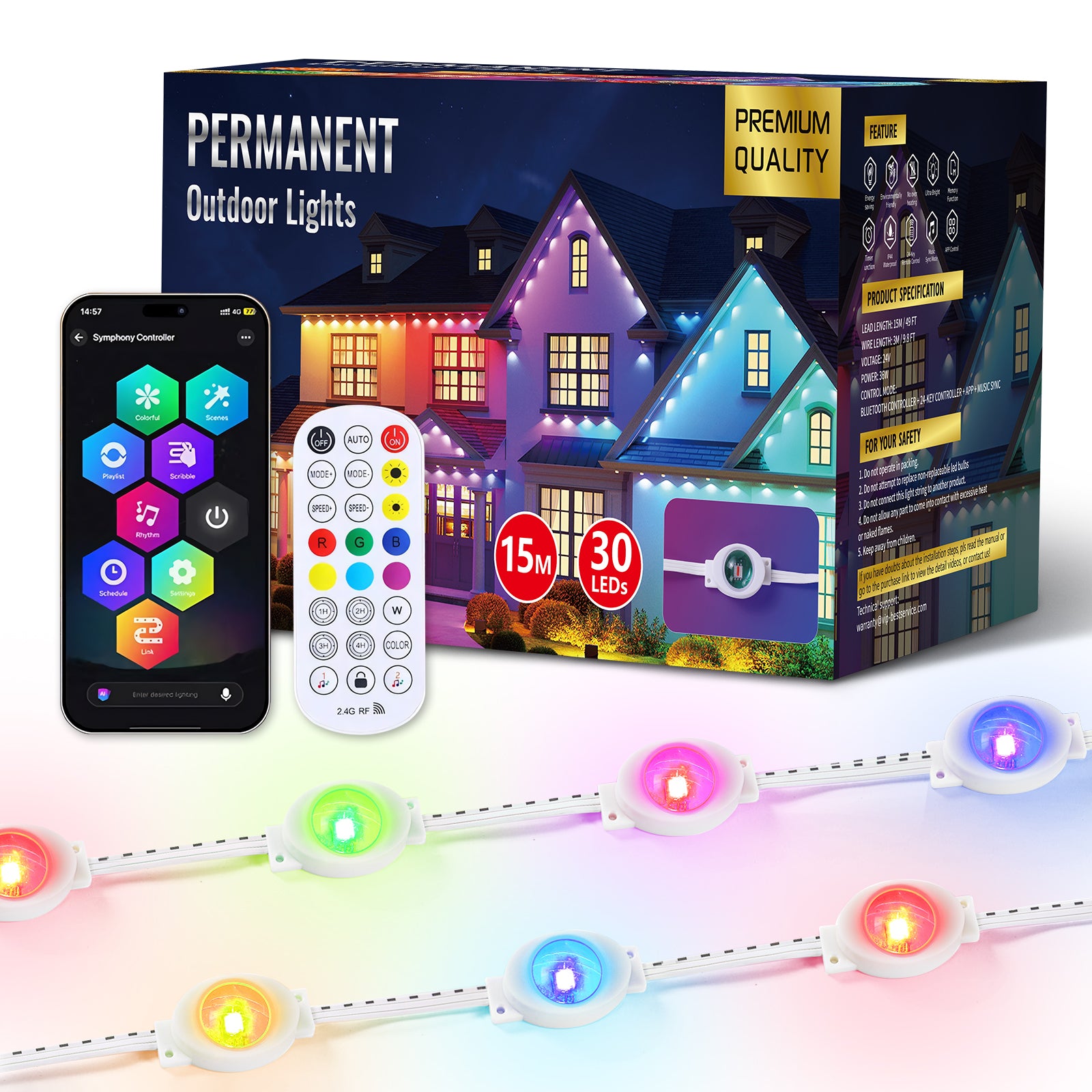 Quntis Permanent Outdoor Lights, Smart RGBIC Eaves Strip Lights, $15\text{m}/50\text{ft}$ Waterproof LED String Lights for Holiday, Christmas, Patio, Garden, and Party Decor (App/Remote Control)