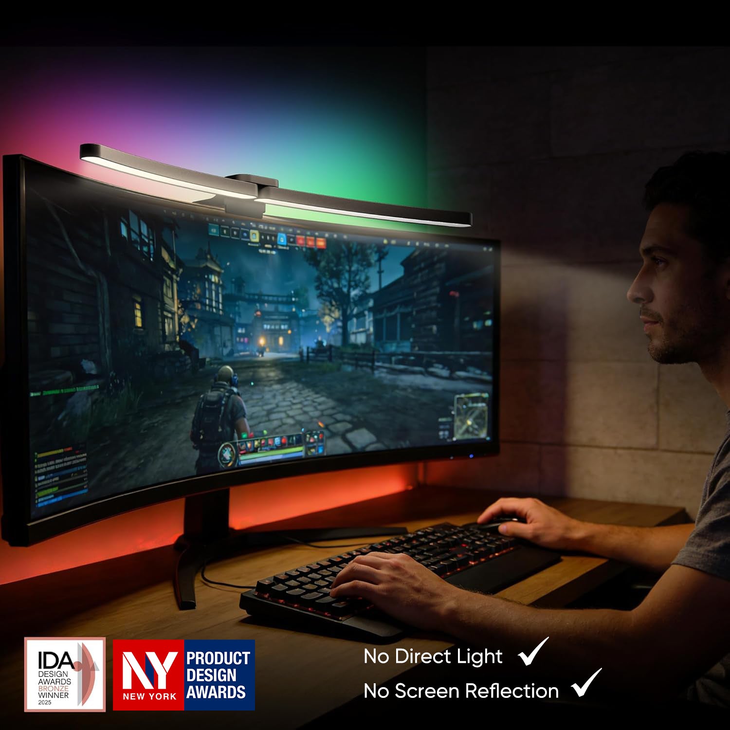 Quntis Curved Monitor Light Bar IM 66 Cm (26 Inch) Black, Foldable Dual Light With 15 Modes RGB Backlight, Wireless Remote For 34 Inch Plus Ultrawide Curved Screens, Eye Caring No Glare Stepless Dimmable Gaming Lamp