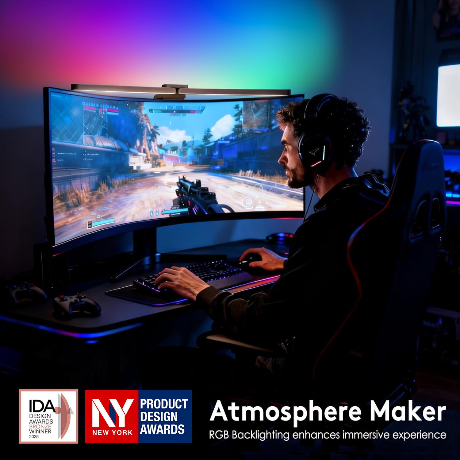 Quntis Curved Monitor Light Bar IM 66 Cm (26 Inch) Black, Foldable Dual Light With 15 Modes RGB Backlight, Wireless Remote For 34 Inch Plus Ultrawide Curved Screens, Eye Caring No Glare Stepless Dimmable Gaming Lamp