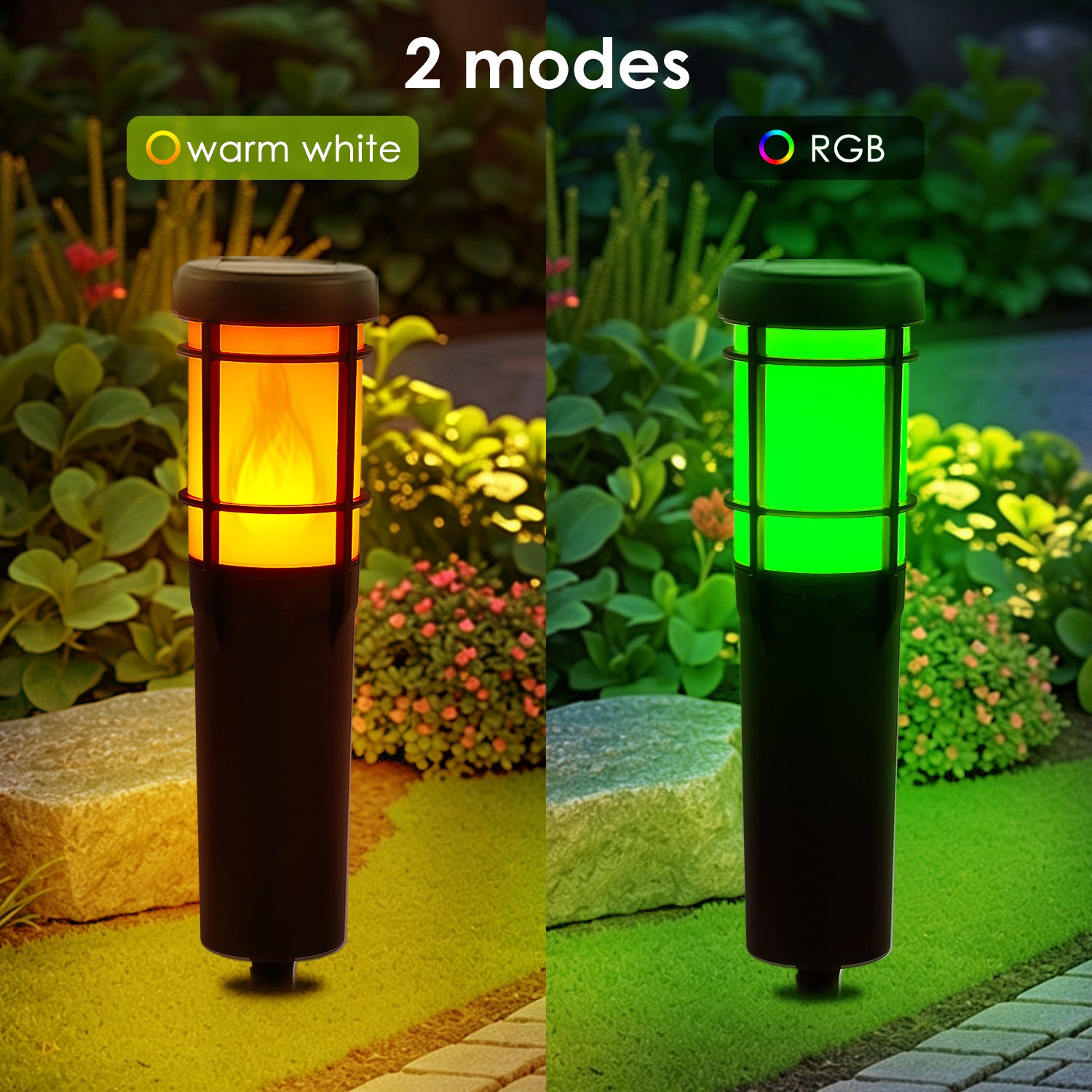 أضواء مسار شمسية خارجية، مع لهب متلألئ وتغيير لون RGB، أضواء شمسية LED خارجية للفناء، الحديقة، المسار، العشب - مقاومة للماء IP65